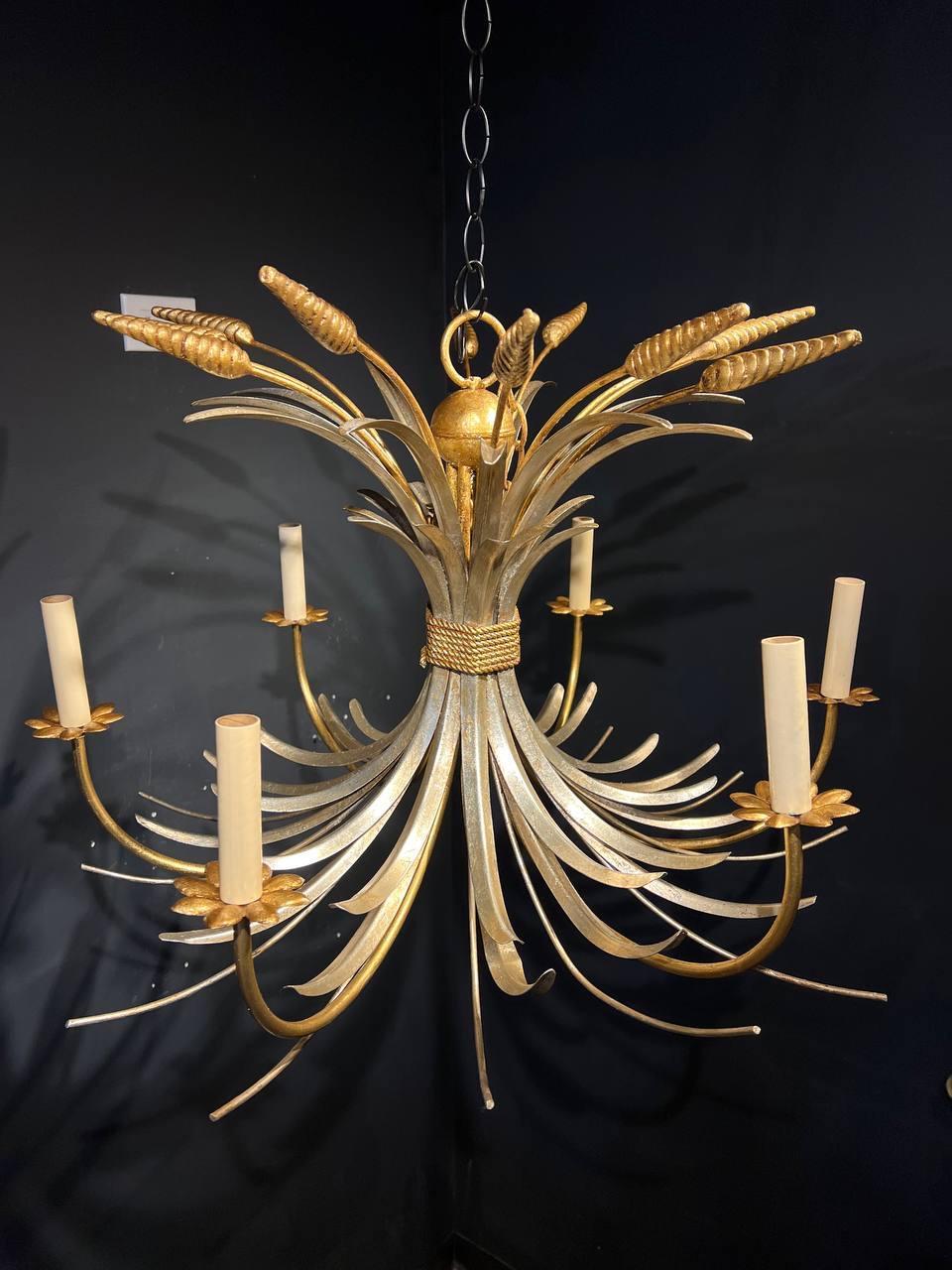 A circa 1930’s silver leaf and gold leaf metal wheat light fixture with six lights 