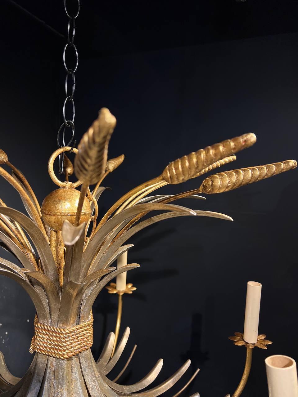 French 1930’s Silver Leaf and Gilt Metal Wheat Shape Light Fixture For Sale