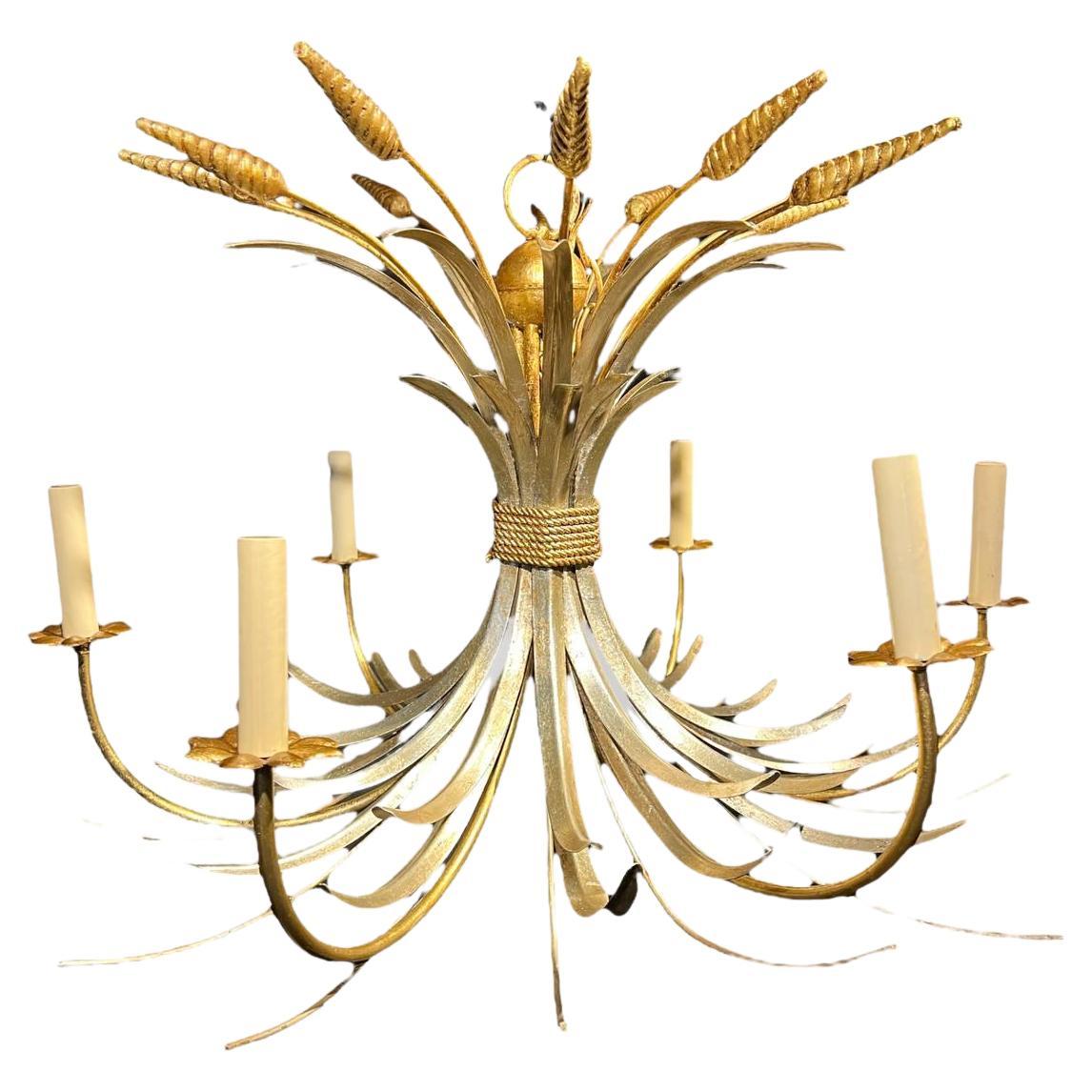 1930’s Silver Leaf and Gilt Metal Wheat Shape Light Fixture For Sale