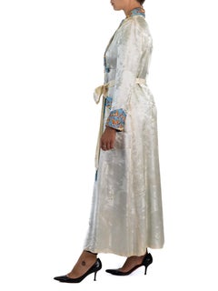 1930S Silver & Blue Silk Jacquard  Scenic Embroiderd Long Robe With Pockets
