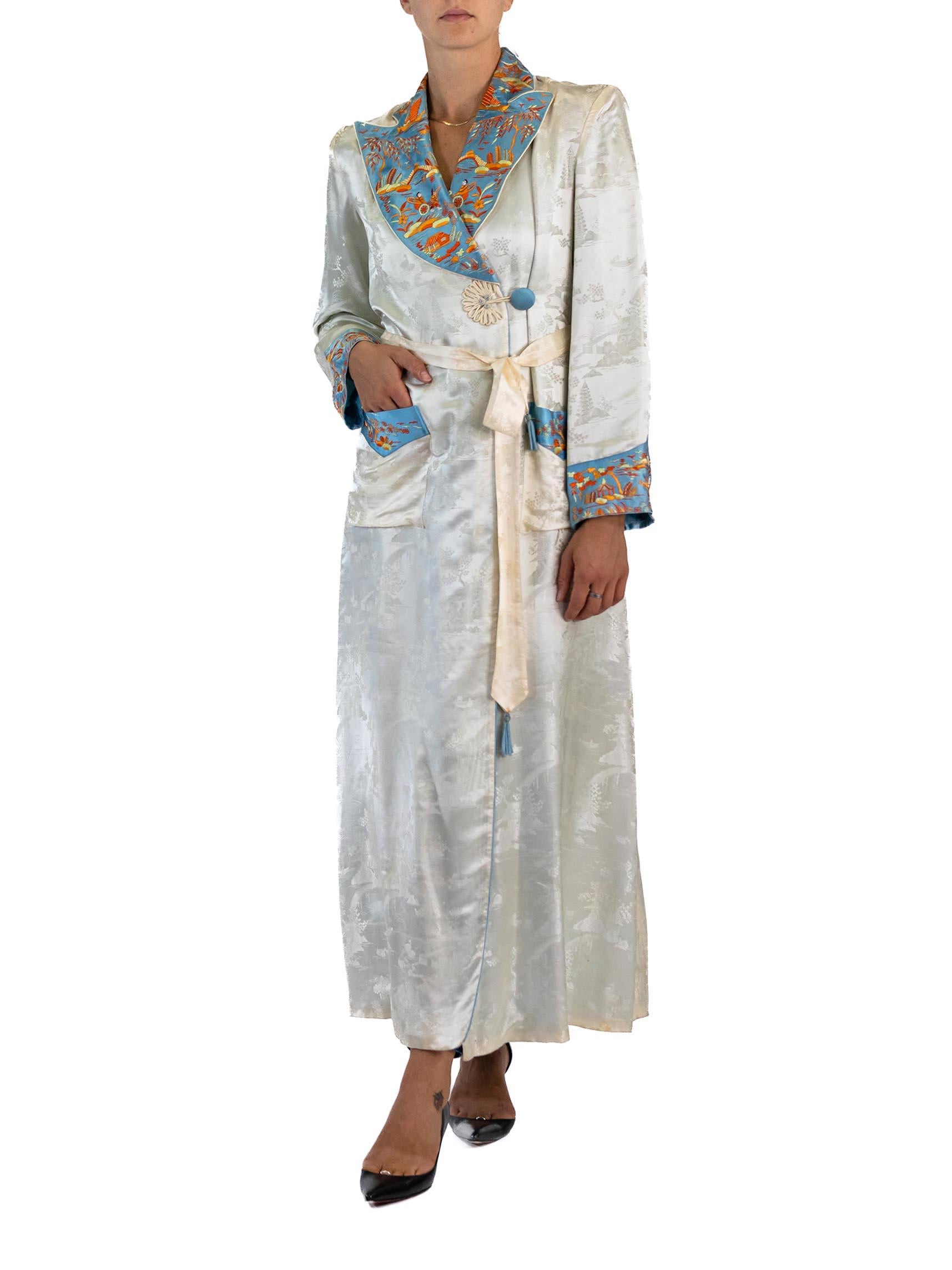 1930S Silver & Blue Silk Jacquard  Scenic Embroiderd Long Robe With Pockets In Excellent Condition For Sale In New York, NY
