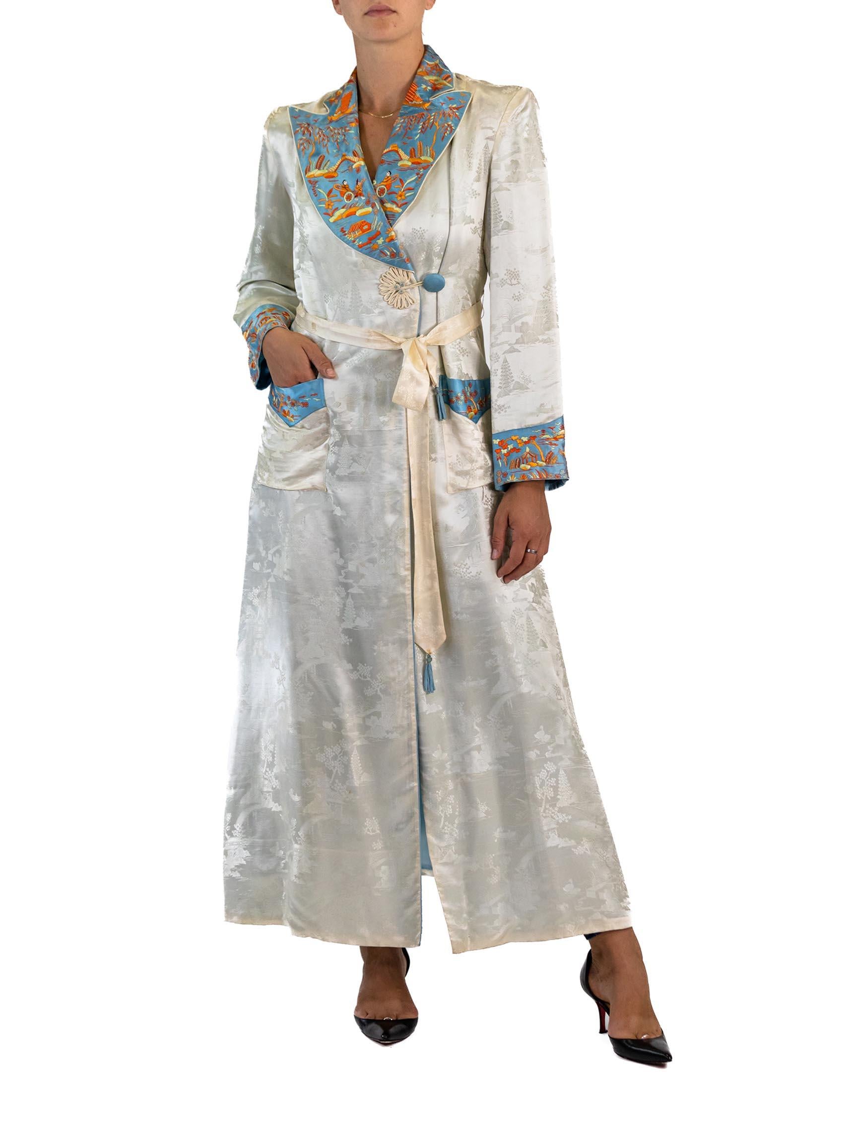 1930S Silver & Blue Silk Jacquard  Scenic Embroiderd Long Robe With Pockets For Sale 1
