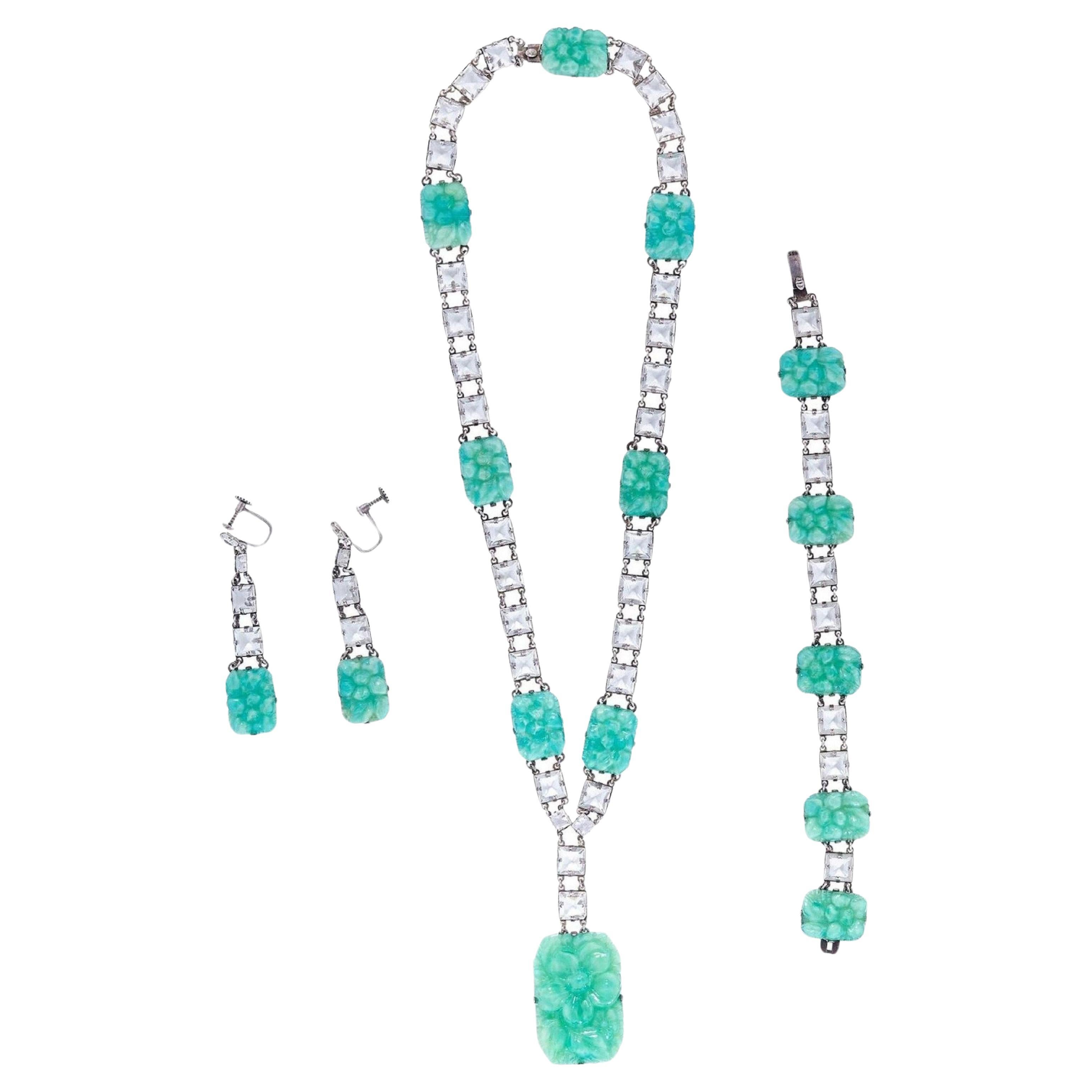 1930s Silver & Peking Glass Art Deco 3 Piece Jewellery Set For Sale