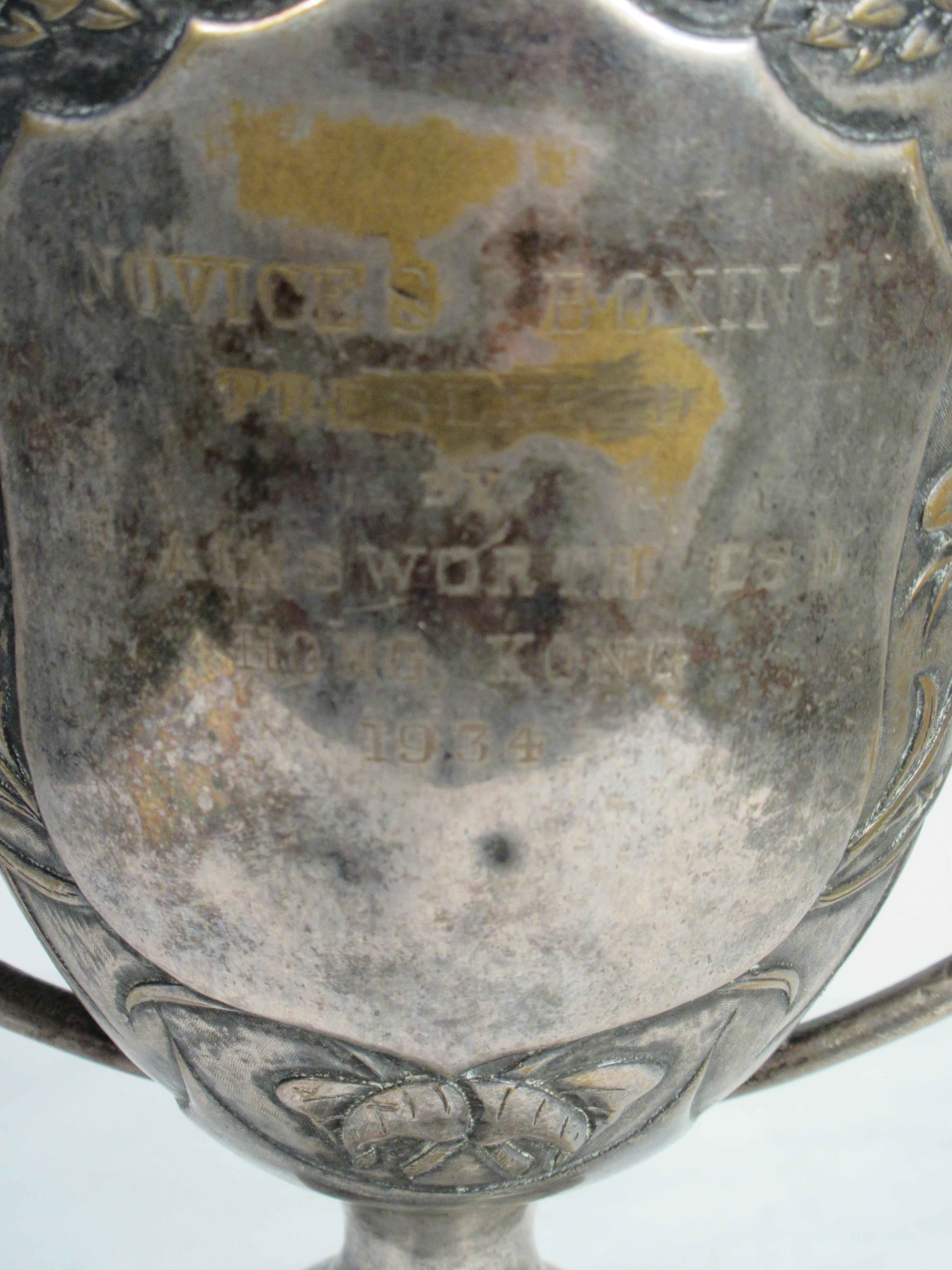 1930s Silver Plate Chinese Boxing Trophy In Distressed Condition In Tarrytown, NY