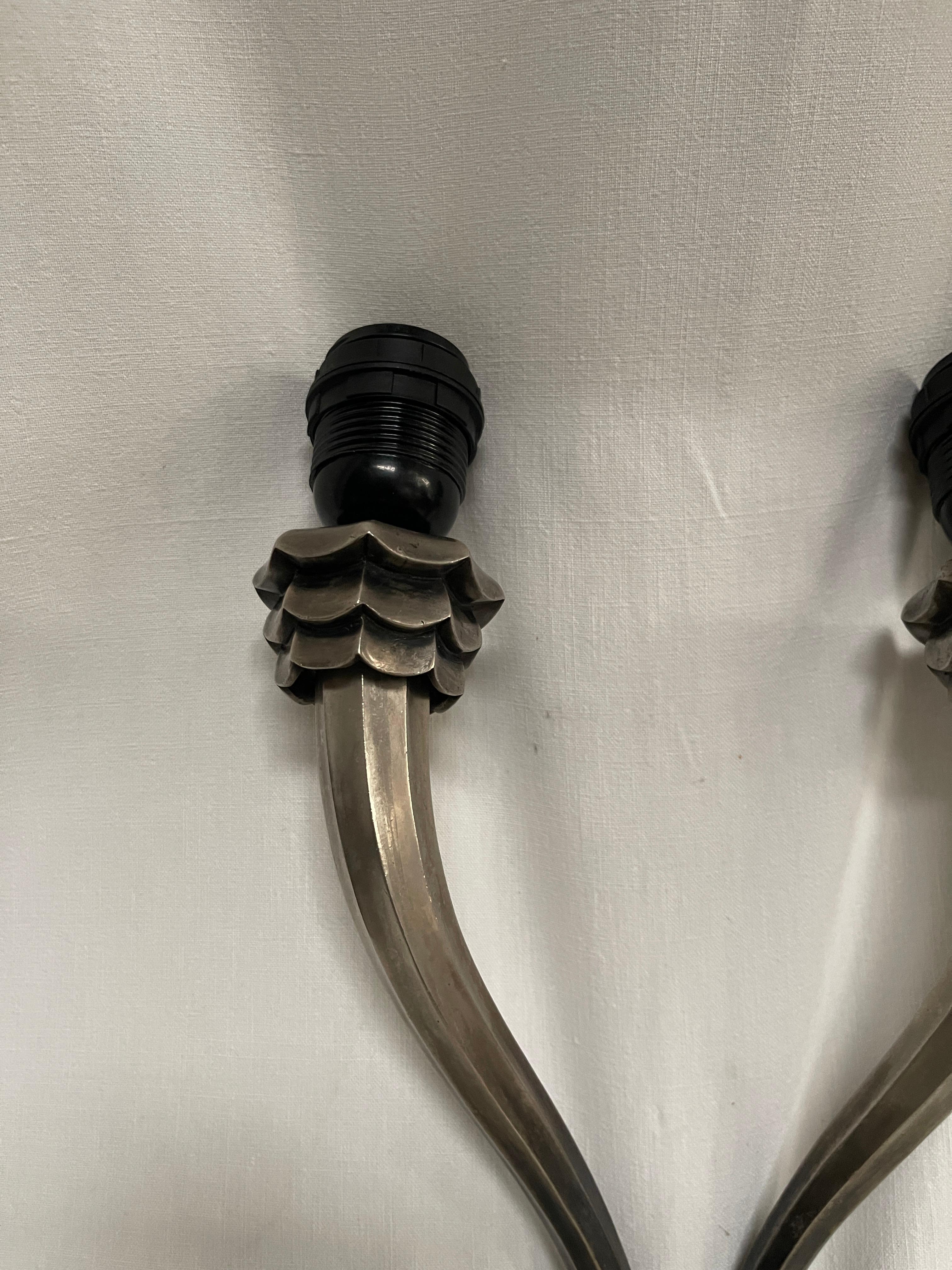1930's silver plated sconces in the style of Jacques-Emile Ruhlman In Good Condition For Sale In Bois-Colombes, FR