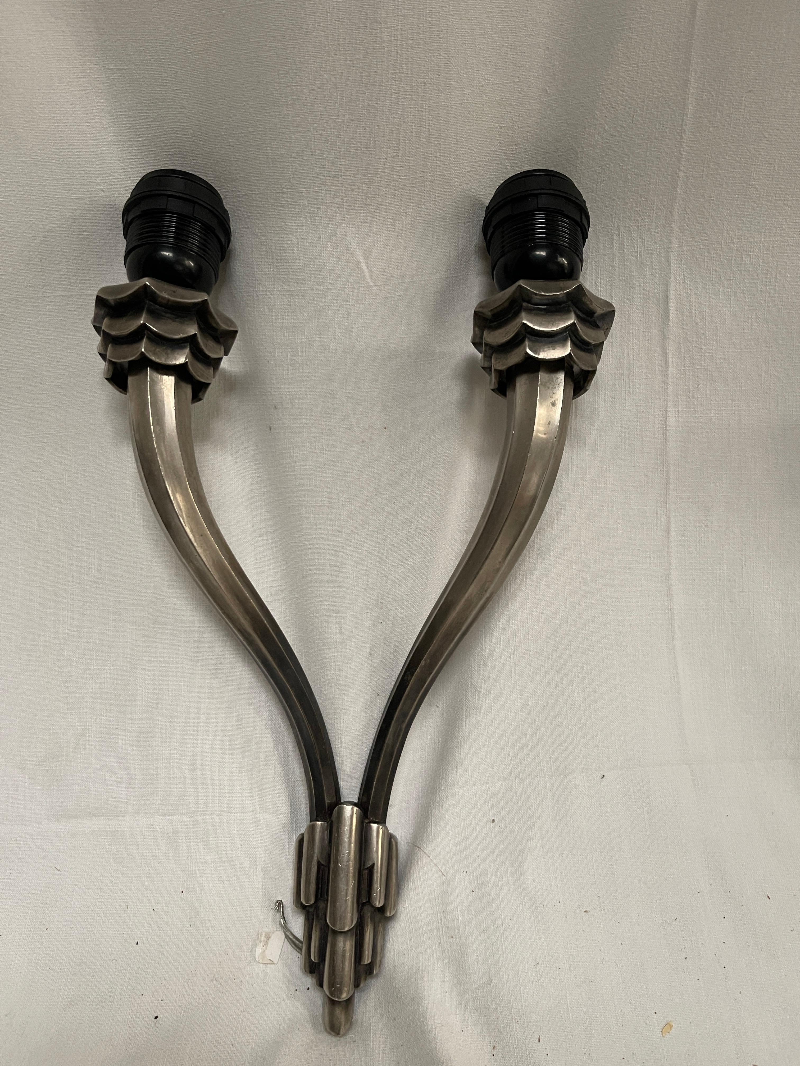 Mid-20th Century 1930's silver plated sconces in the style of Jacques-Emile Ruhlman For Sale
