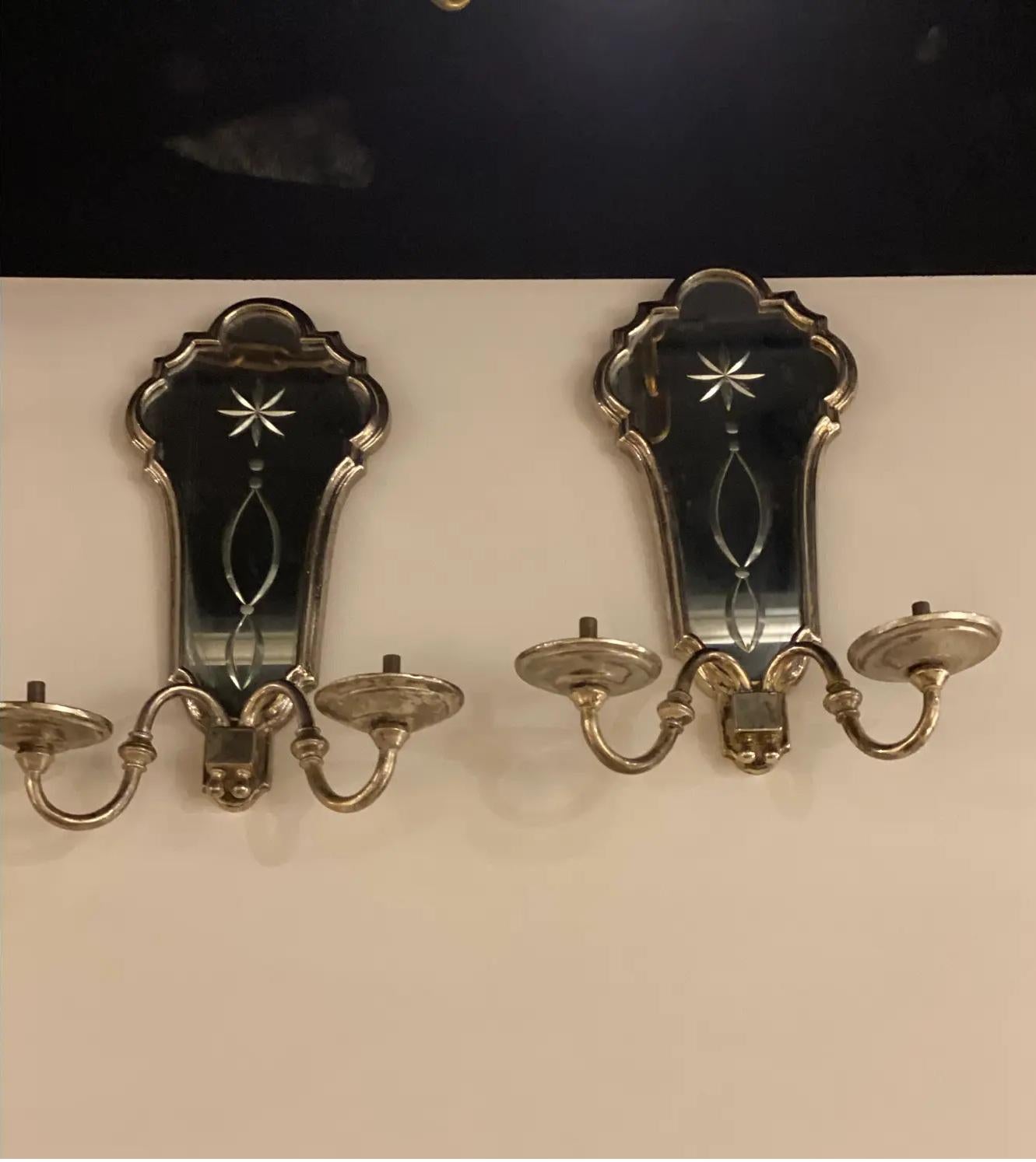 Metà XX secolo Applique placcate in argento degli anni '30 con specchio inciso in vendita