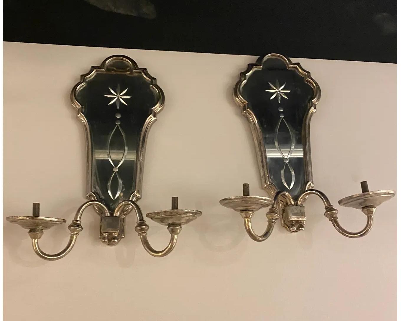 Applique placcate in argento degli anni '30 con specchio inciso in vendita 1