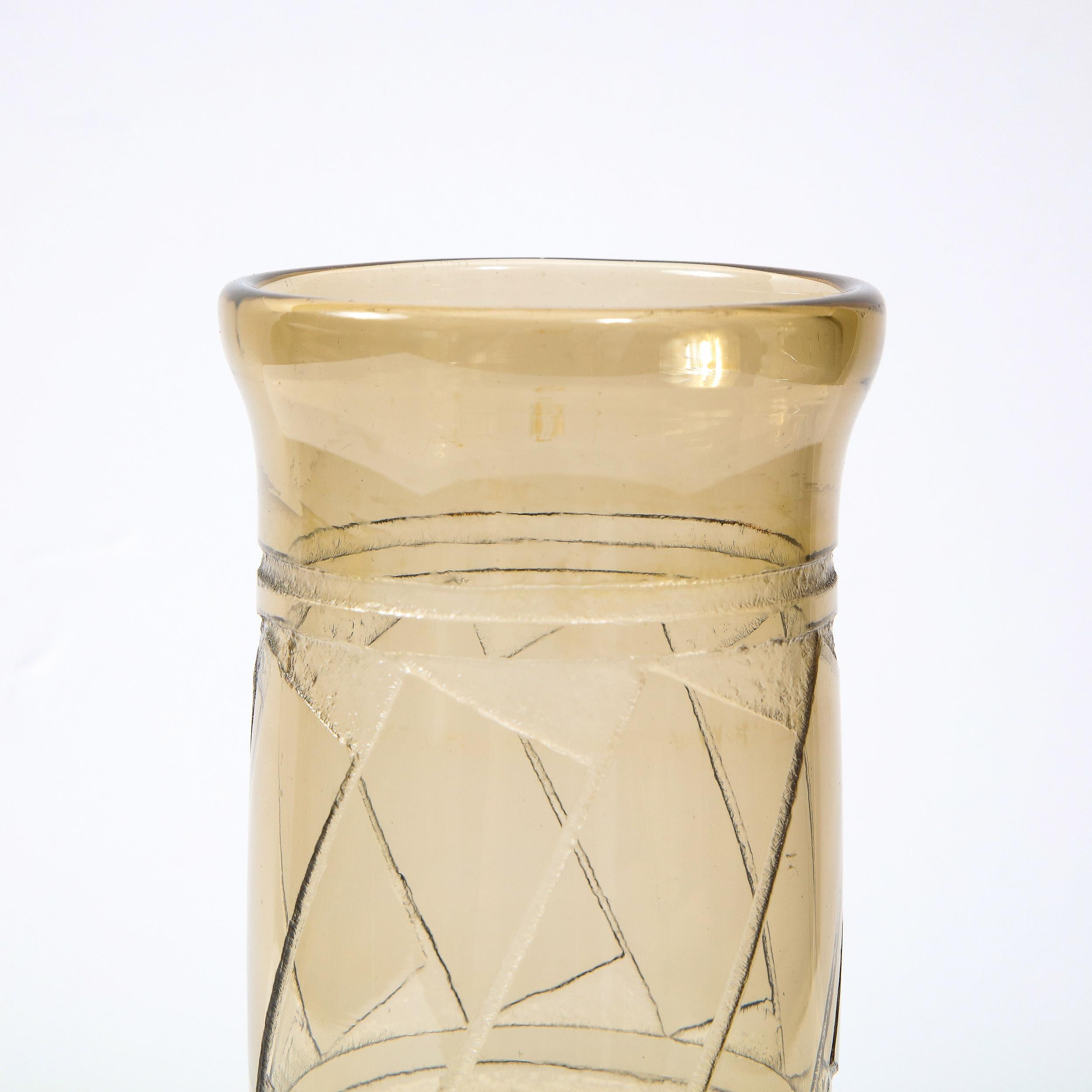 1930s Slender Art Deco Topaz Glass Vase, Signed by Schneider In Excellent Condition For Sale In New York, NY