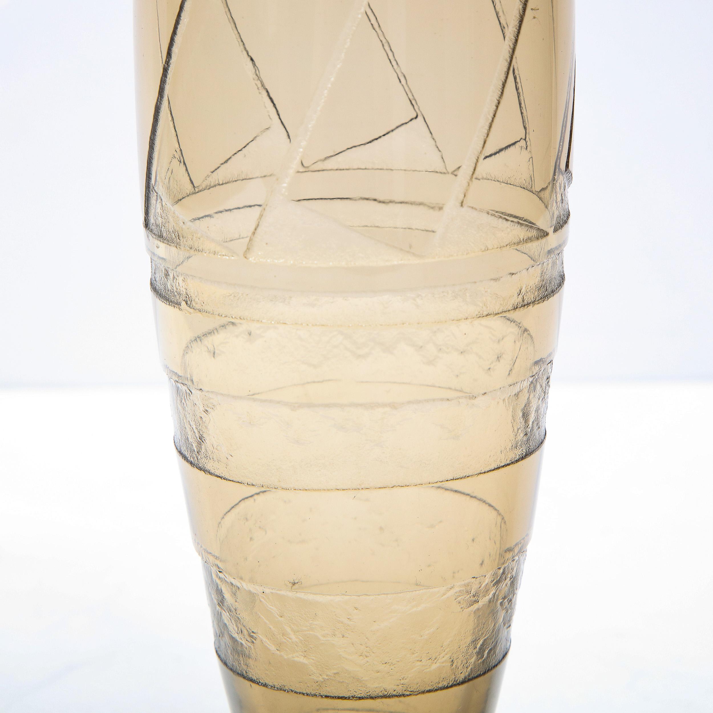 Mid-20th Century 1930s Slender Art Deco Topaz Glass Vase, Signed by Schneider For Sale