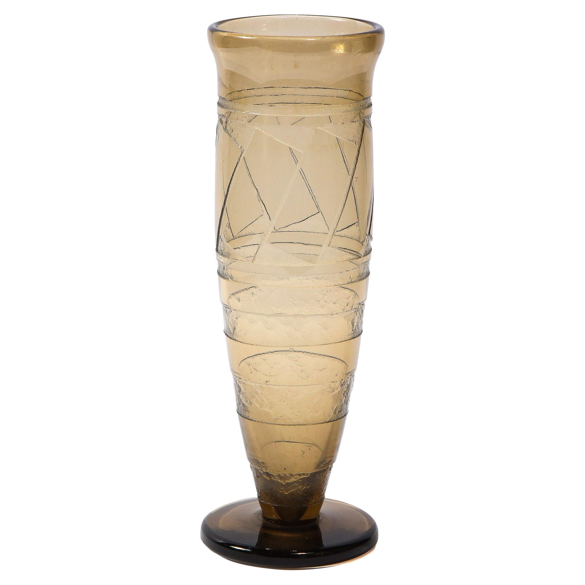 1930s Slender Art Deco Topaz Glass Vase, Signed by Schneider