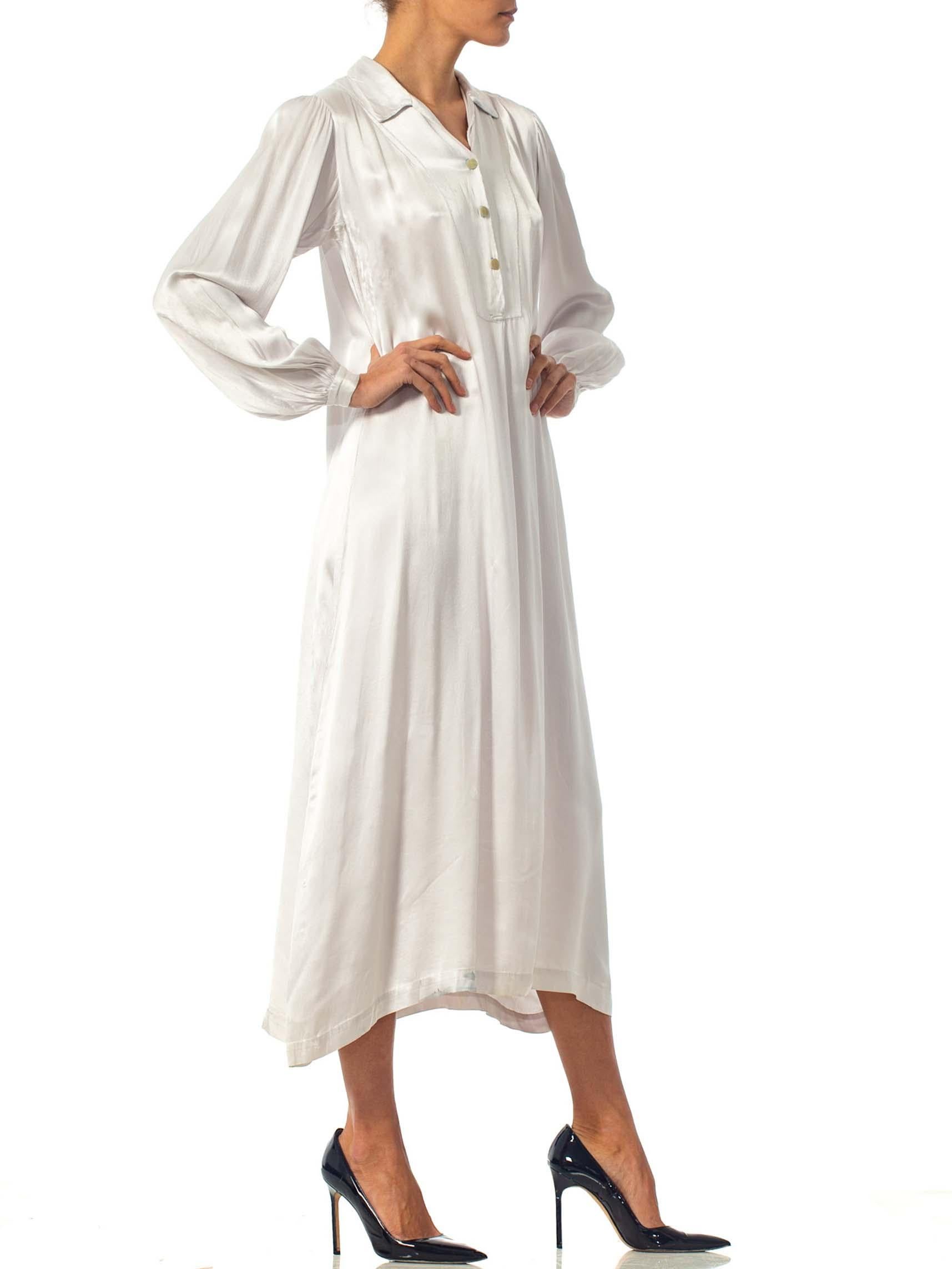 1930S Slinky Silk Crepe Back Satin Straight Cut Shirt House Dress In Excellent Condition In New York, NY