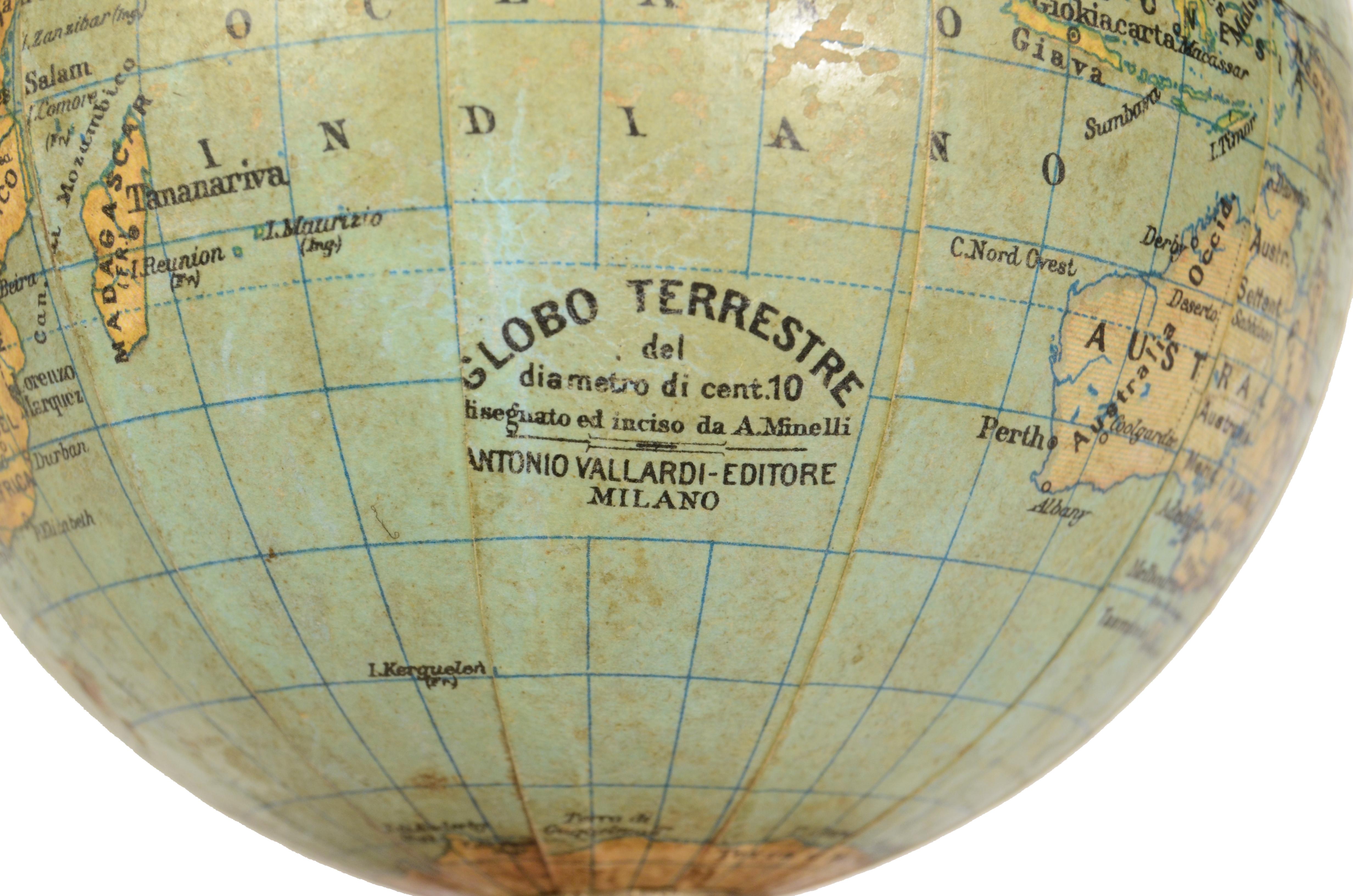 1930s Small Antique Terrestrial Globe Edited by Vallardi and Engraved by Minelli 1