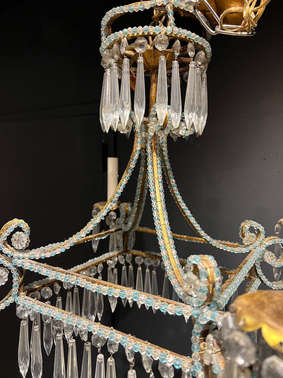 1930s Small Italian Four Lights Chandelier with Blue Crystals For Sale 3