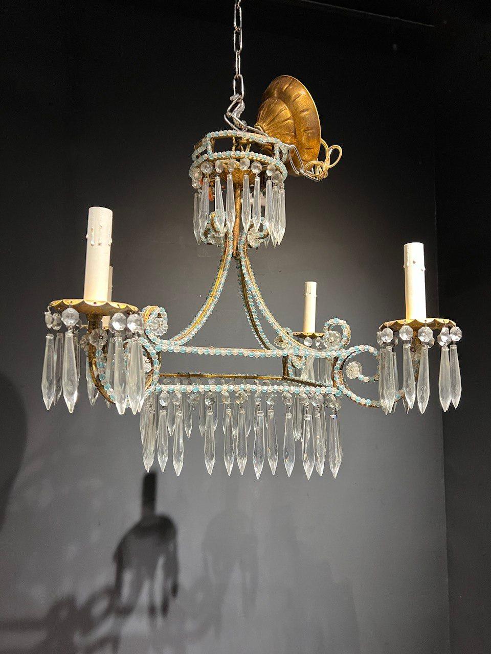 1930s Small Italian Four Lights Chandelier with Blue Crystals In Good Condition For Sale In New York, NY