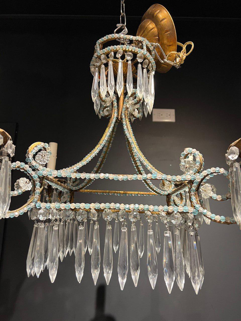 Metal 1930s Small Italian Four Lights Chandelier with Blue Crystals For Sale