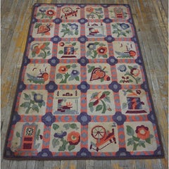 1930s Small Multicolor Geometric Roses Folk Art Antique American Hooked Wool Rug