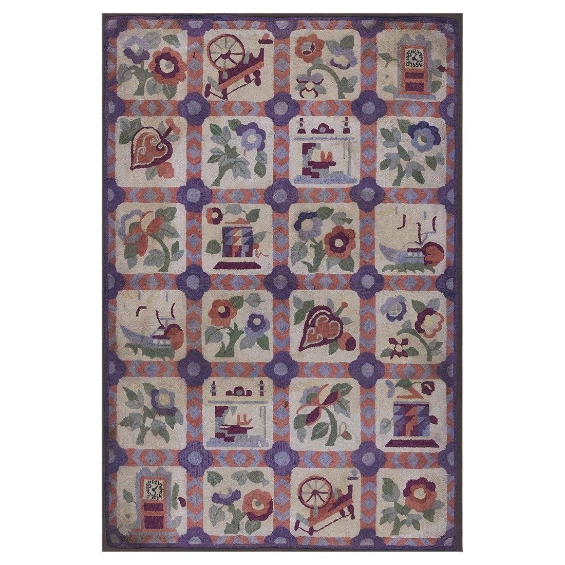 1930s Small Multicolor Geometric Roses Folk Art Antique American Hooked Wool Rug
