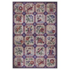 1930s Small Multicolor Geometric Roses Folk Art Antique American Hooked Wool Rug