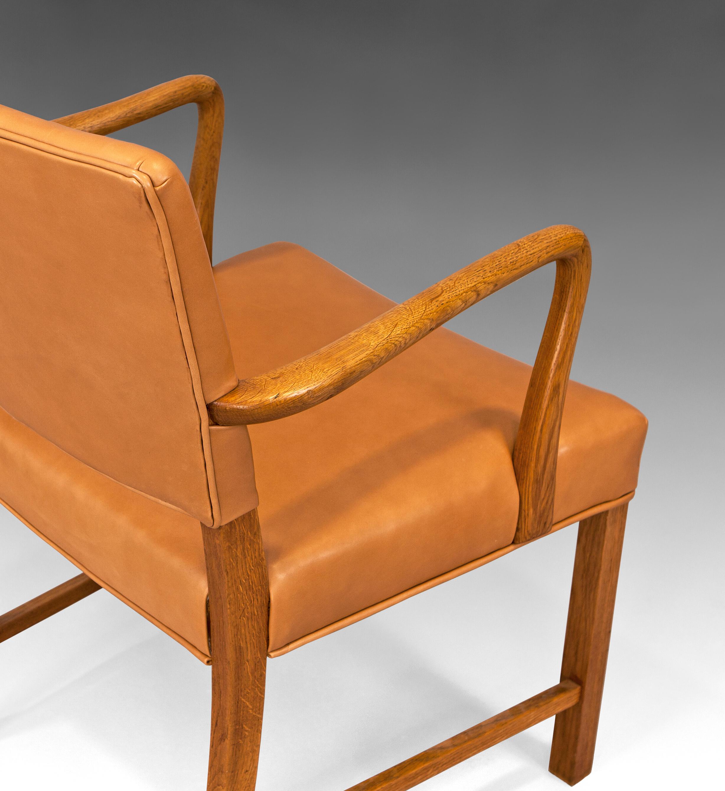 Danish 1930s Solid Oak and Leather Armchair Attributed to Kaare Klint For Sale