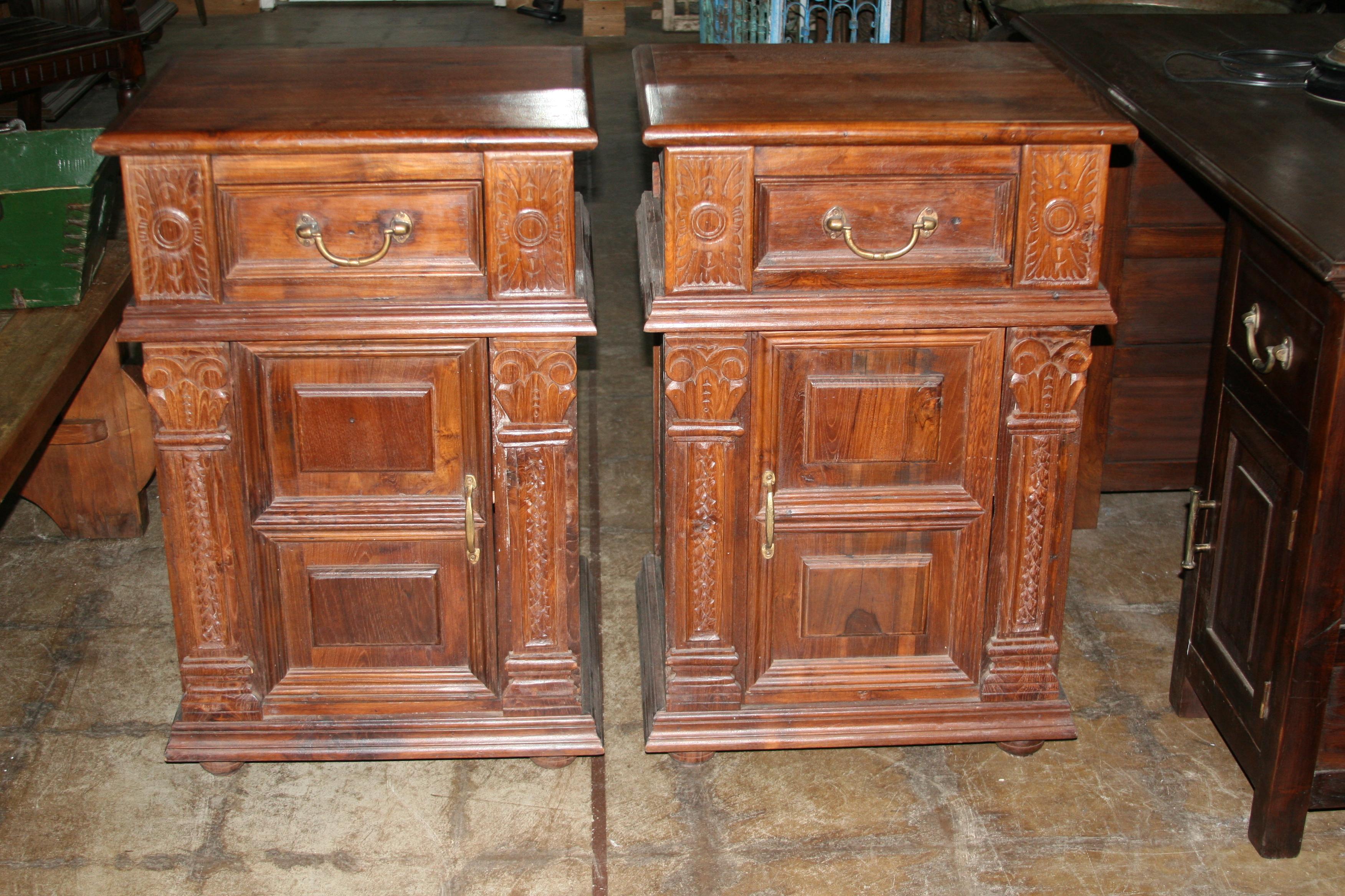 These night stands are so well crafted they can be called almost indestructible. These are Classic examples of colonial era carpentry. Sturdily built with an upper drawer and a single large shelf at the bottom with a double paneled door. Retrained