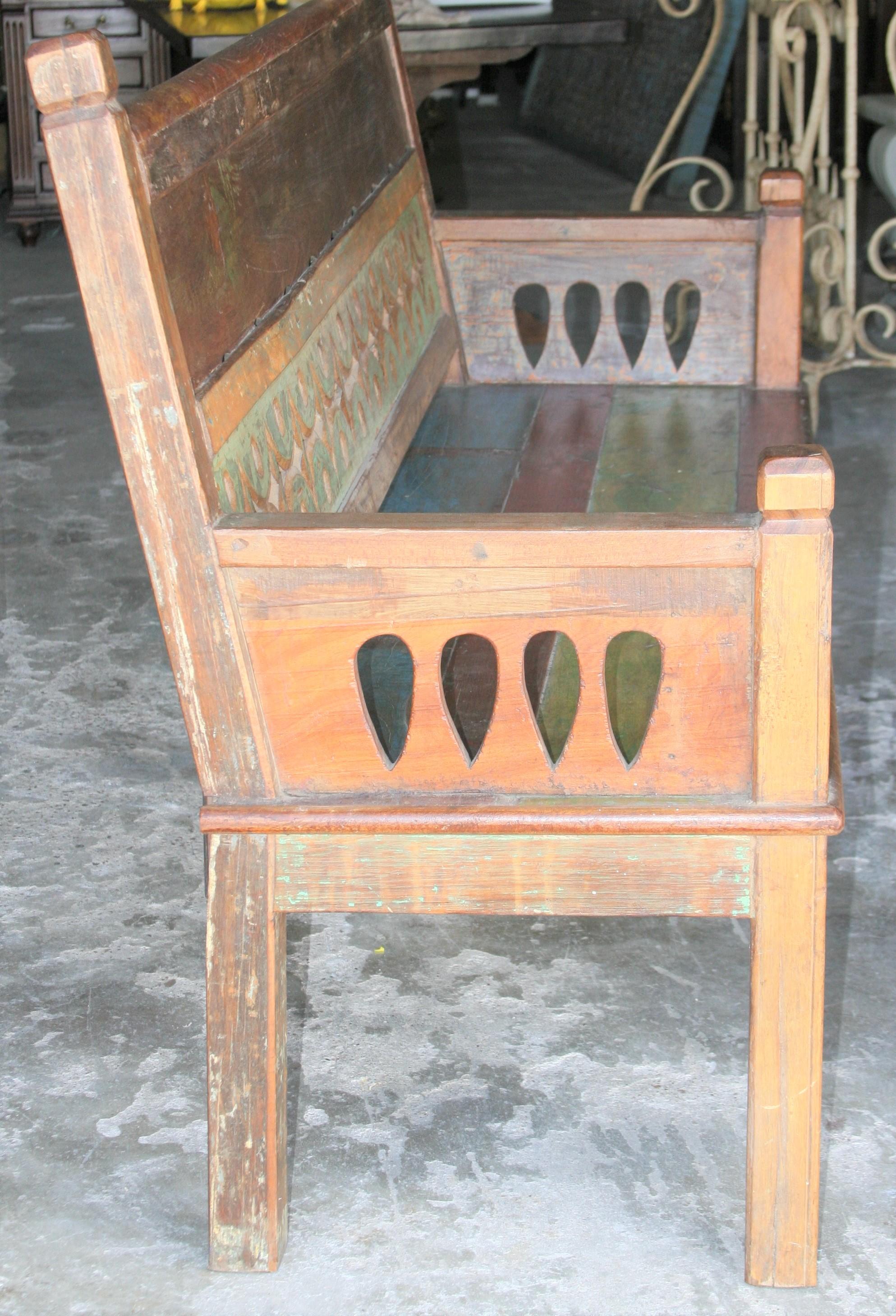 Indian 1930s Solid Teak Wood Robustly Constructed Bench from Dutch Colonial Farm For Sale