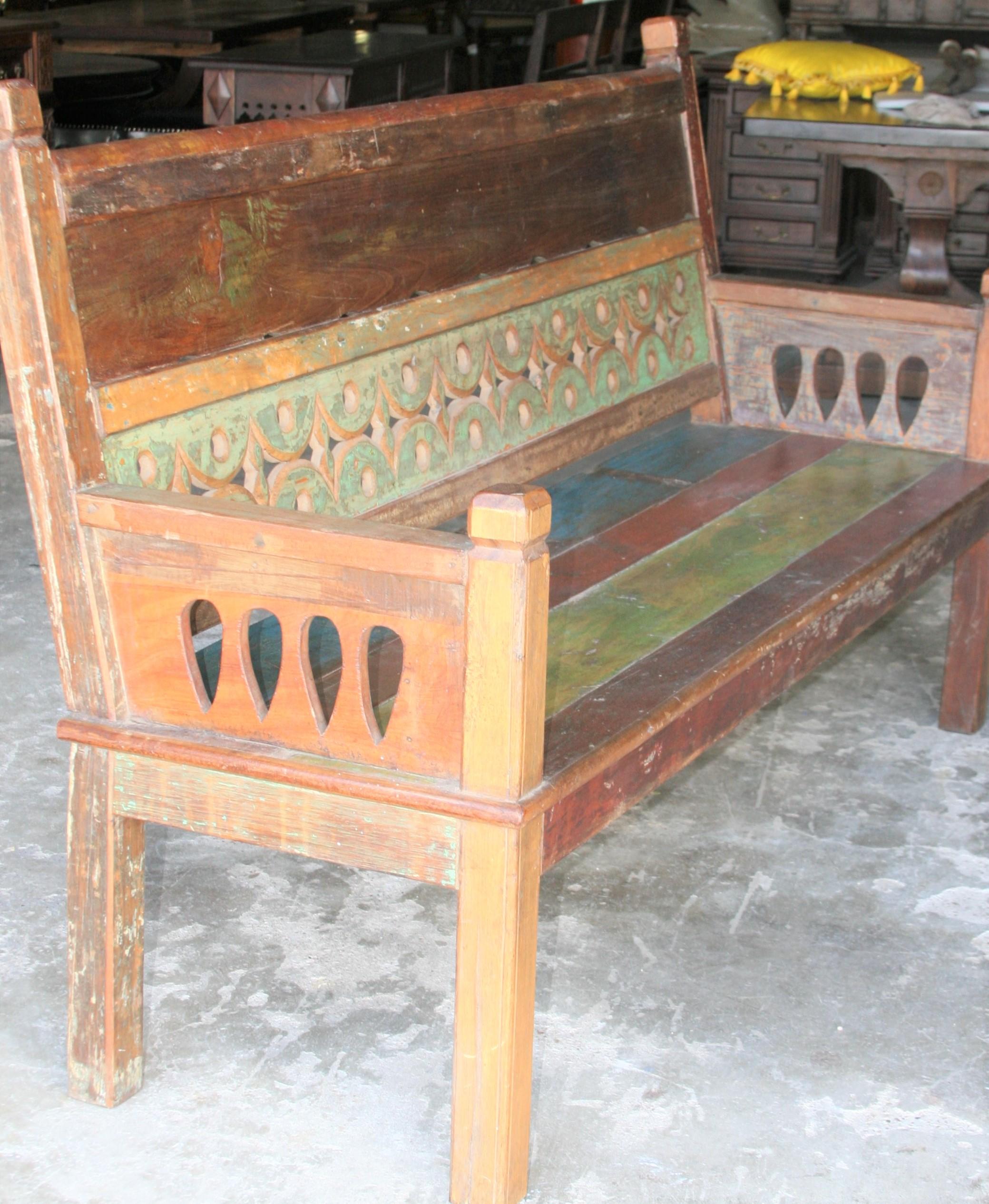 Hand-Crafted 1930s Solid Teak Wood Robustly Constructed Bench from Dutch Colonial Farm For Sale
