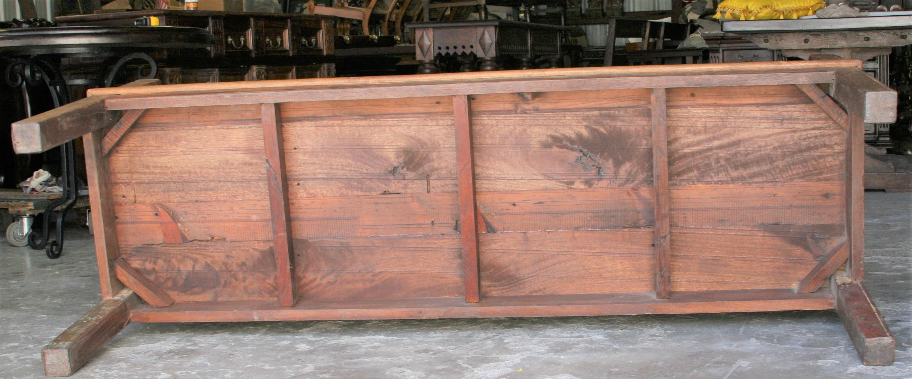 1930s Solid Teak Wood Robustly Constructed Bench from Dutch Colonial Farm In Good Condition For Sale In Houston, TX