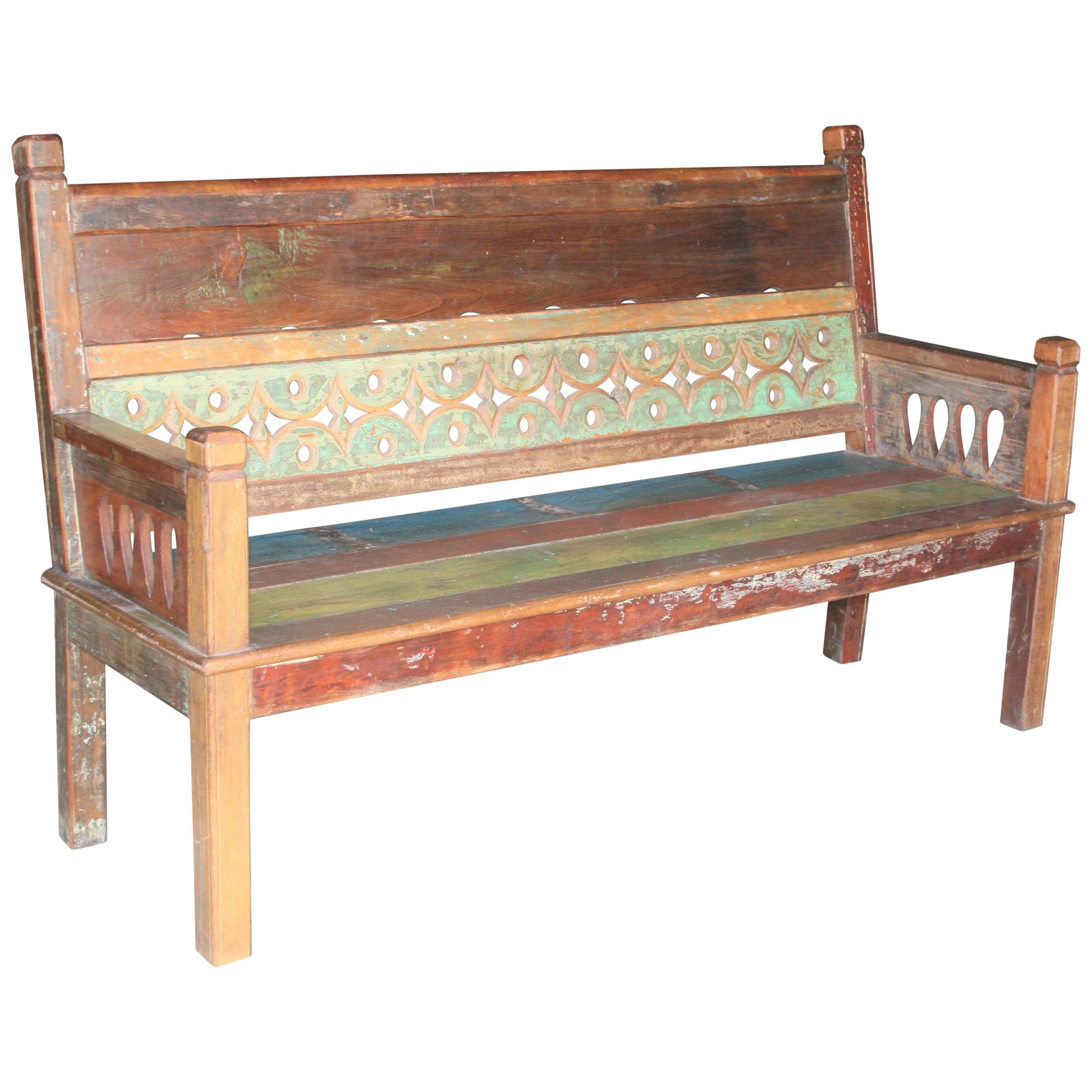 1930s Solid Teak Wood Robustly Constructed Bench from Dutch Colonial Farm For Sale