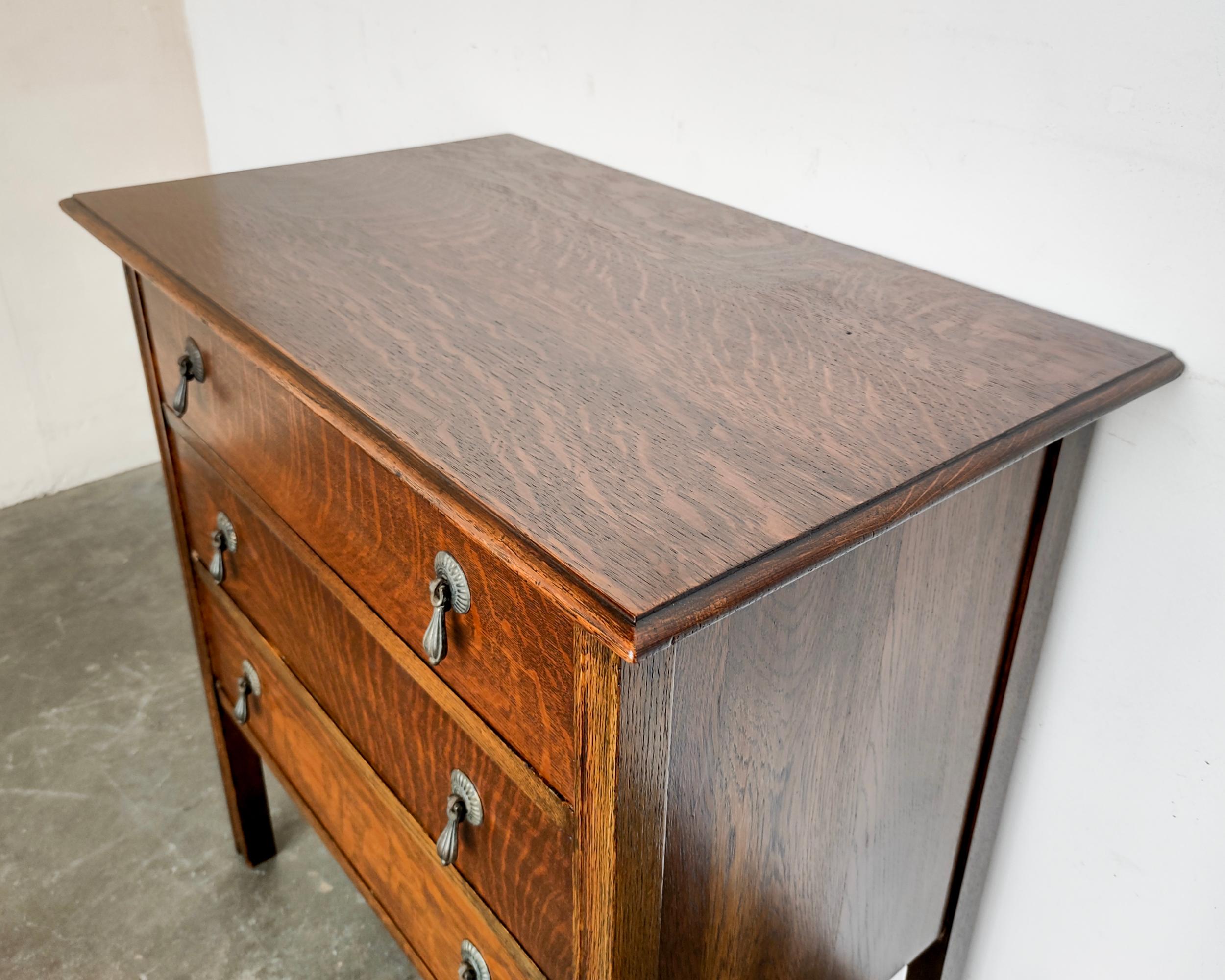 Brass 1930s Solid Tiger Oak Chest of Three Drawers