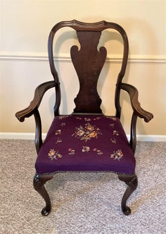 1930s Solid Walnut Armchair with Aubergine Color Needlepoint Seat