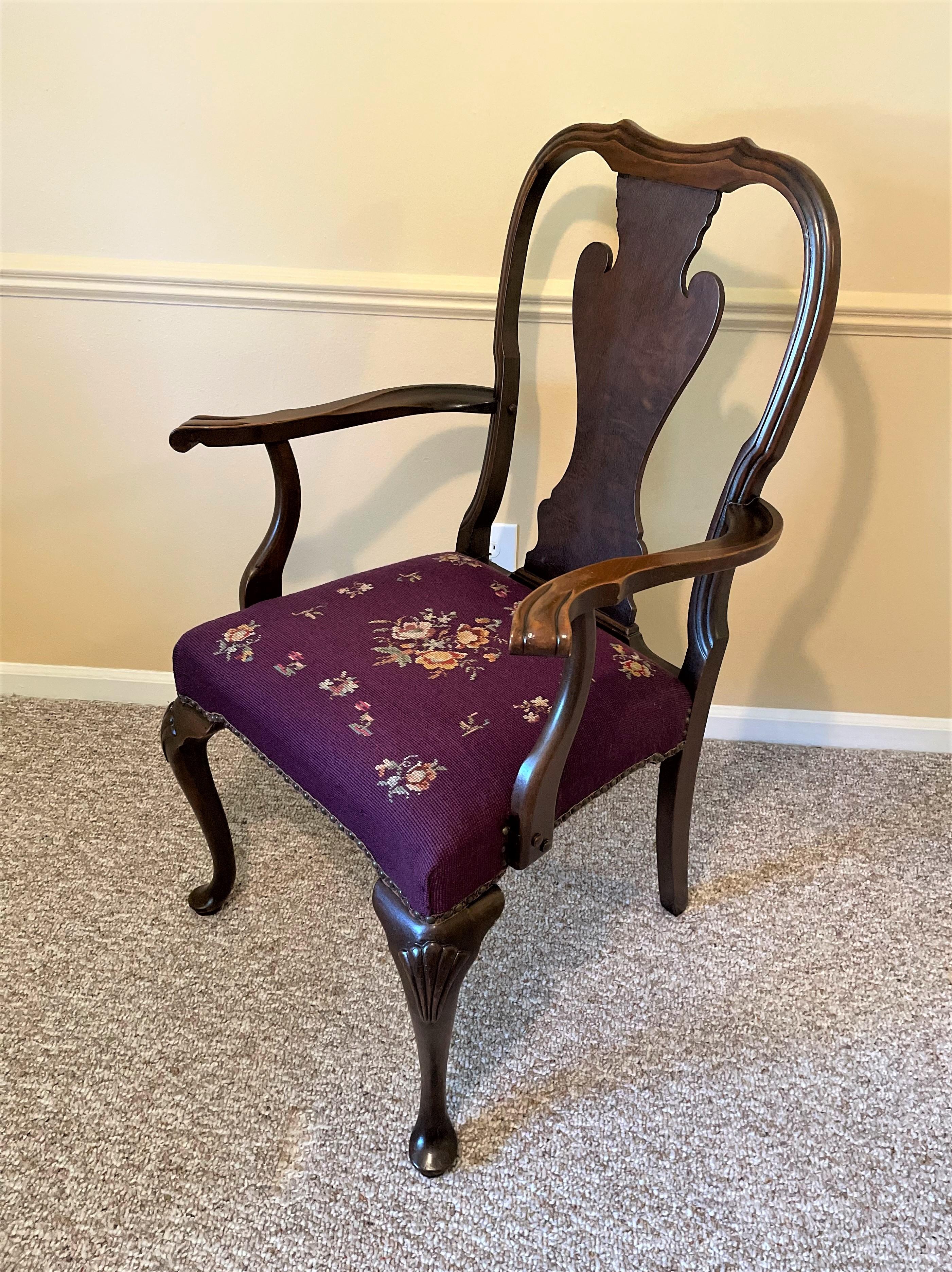 Queen Anne 1930s Solid Walnut Armchair with Aubergine Color Needlepoint Seat For Sale