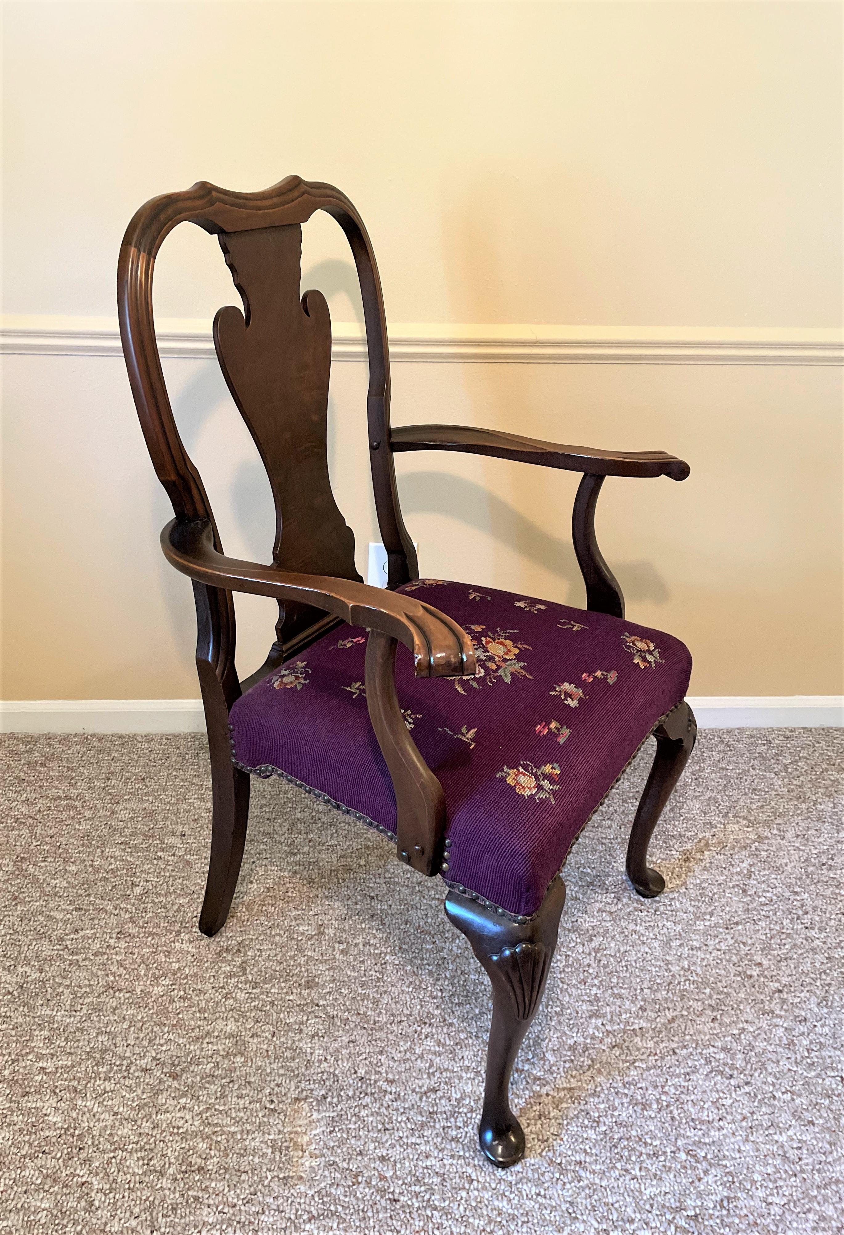 American 1930s Solid Walnut Armchair with Aubergine Color Needlepoint Seat For Sale