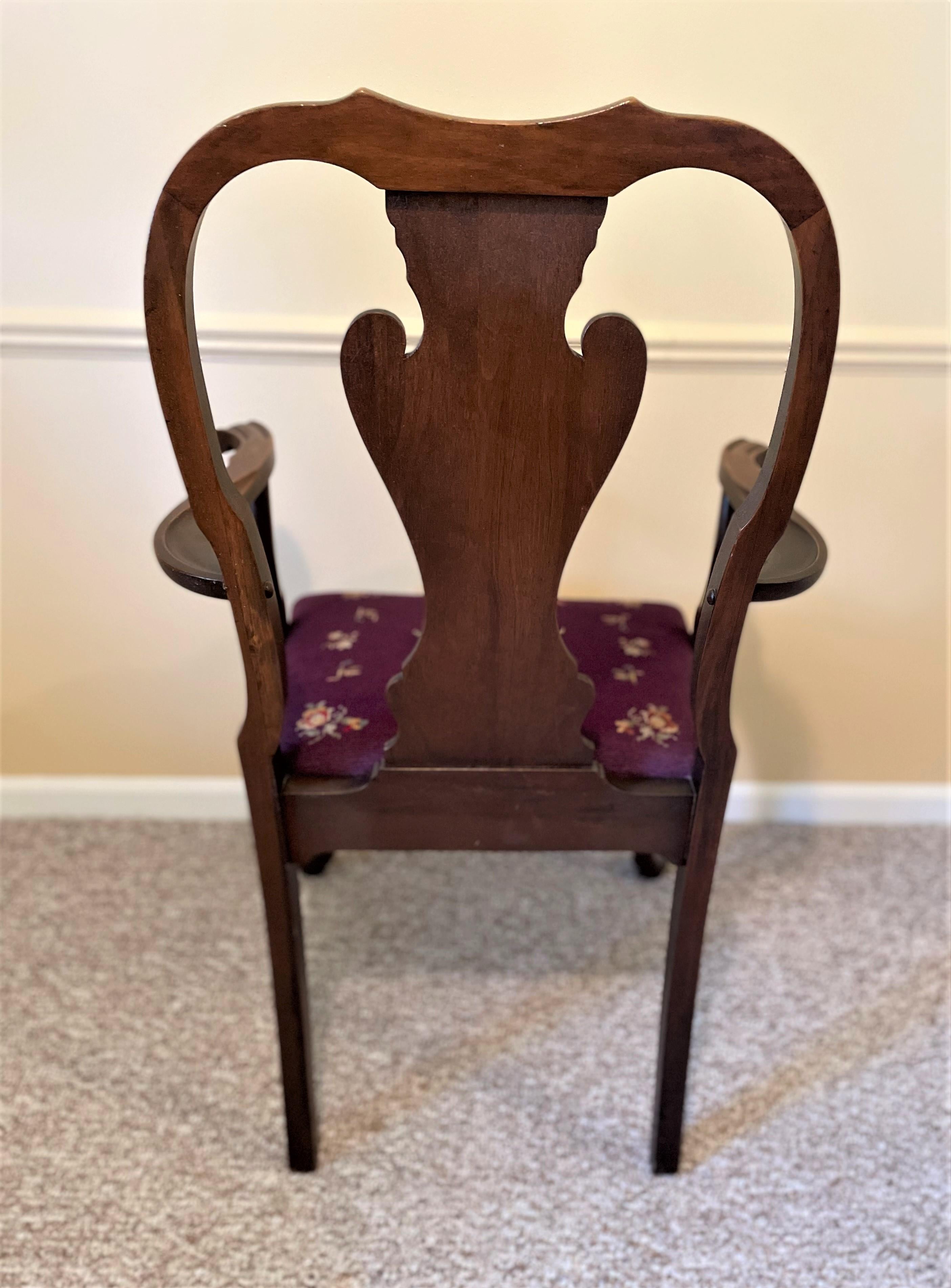 1930s Solid Walnut Armchair with Aubergine Color Needlepoint Seat In Excellent Condition For Sale In Austin, TX