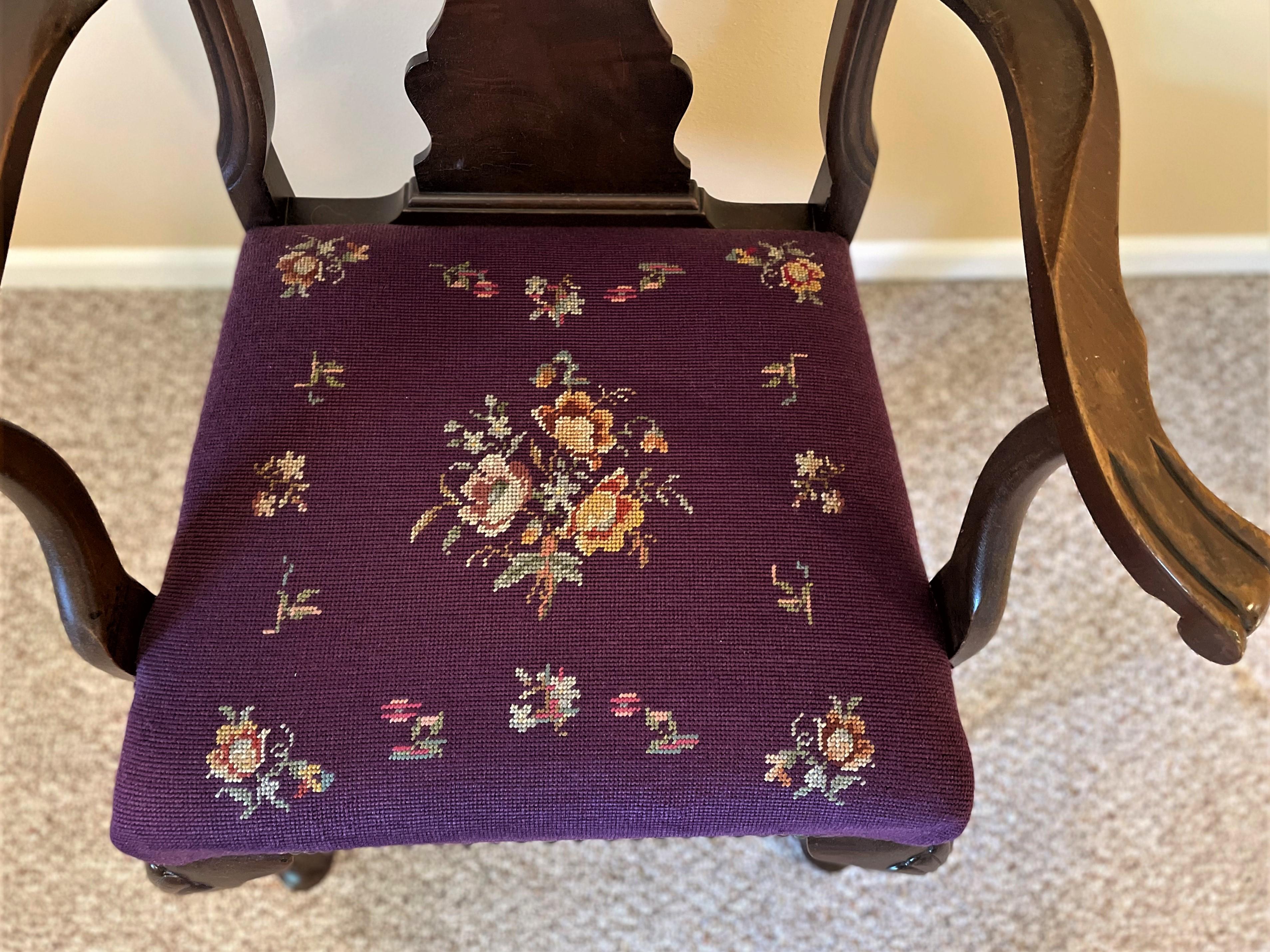 20th Century 1930s Solid Walnut Armchair with Aubergine Color Needlepoint Seat For Sale