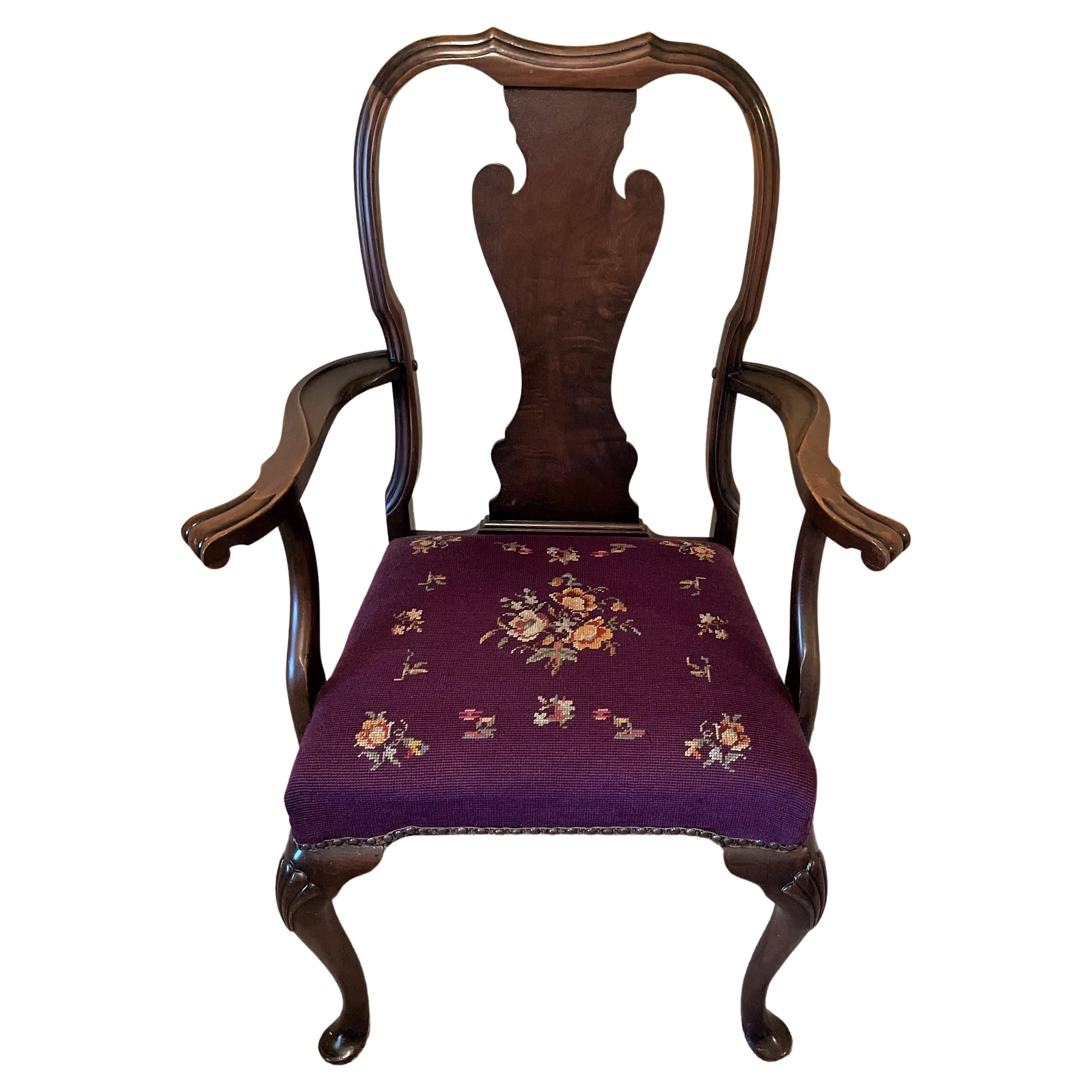 1930s Solid Walnut Armchair with Aubergine Color Needlepoint Seat For Sale