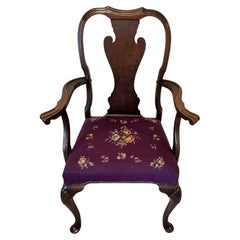 1930s Solid Walnut Armchair with Aubergine Color Needlepoint Seat