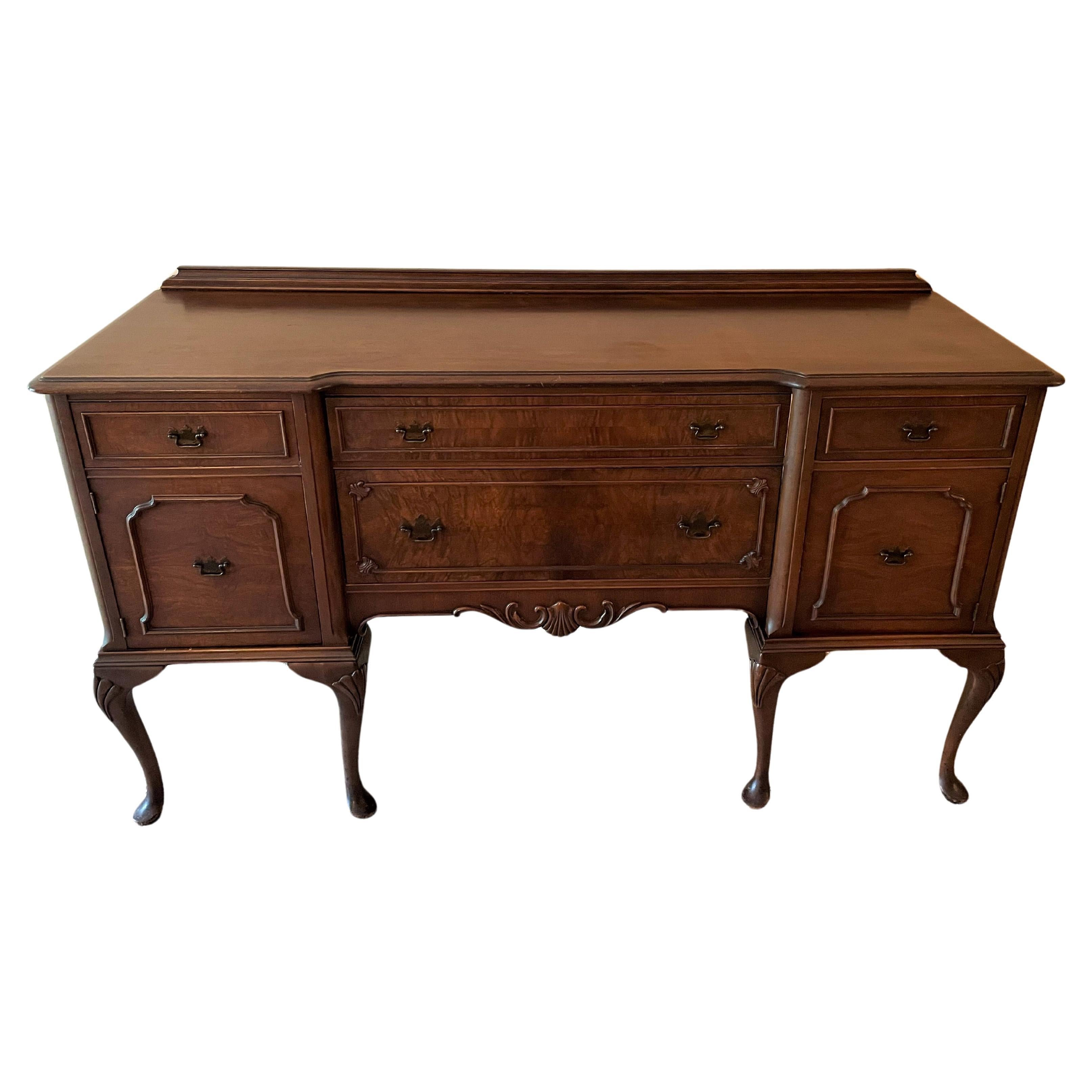 1930s Solid Walnut Queen Anne-Style Buffet