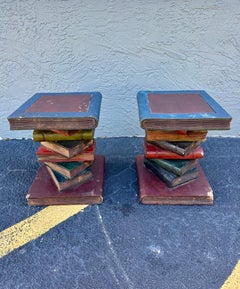 1930s Solid Wood Painted Faux Sculptural of Stacked Books End Tables, Set of 2