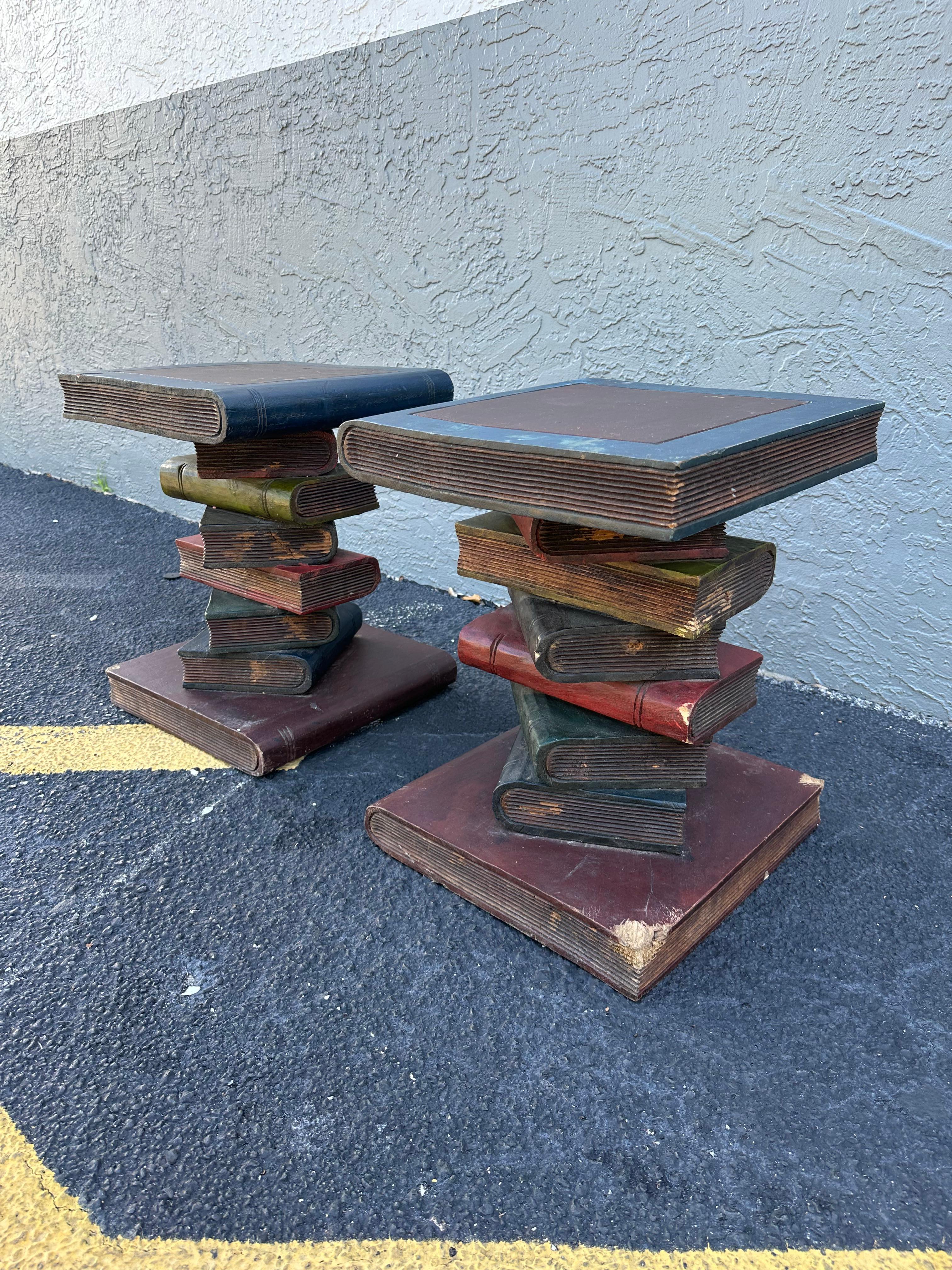 Art Deco 1930s Solid Wood Painted Faux Sculptural of Stacked Books End Tables, Set of 2 For Sale