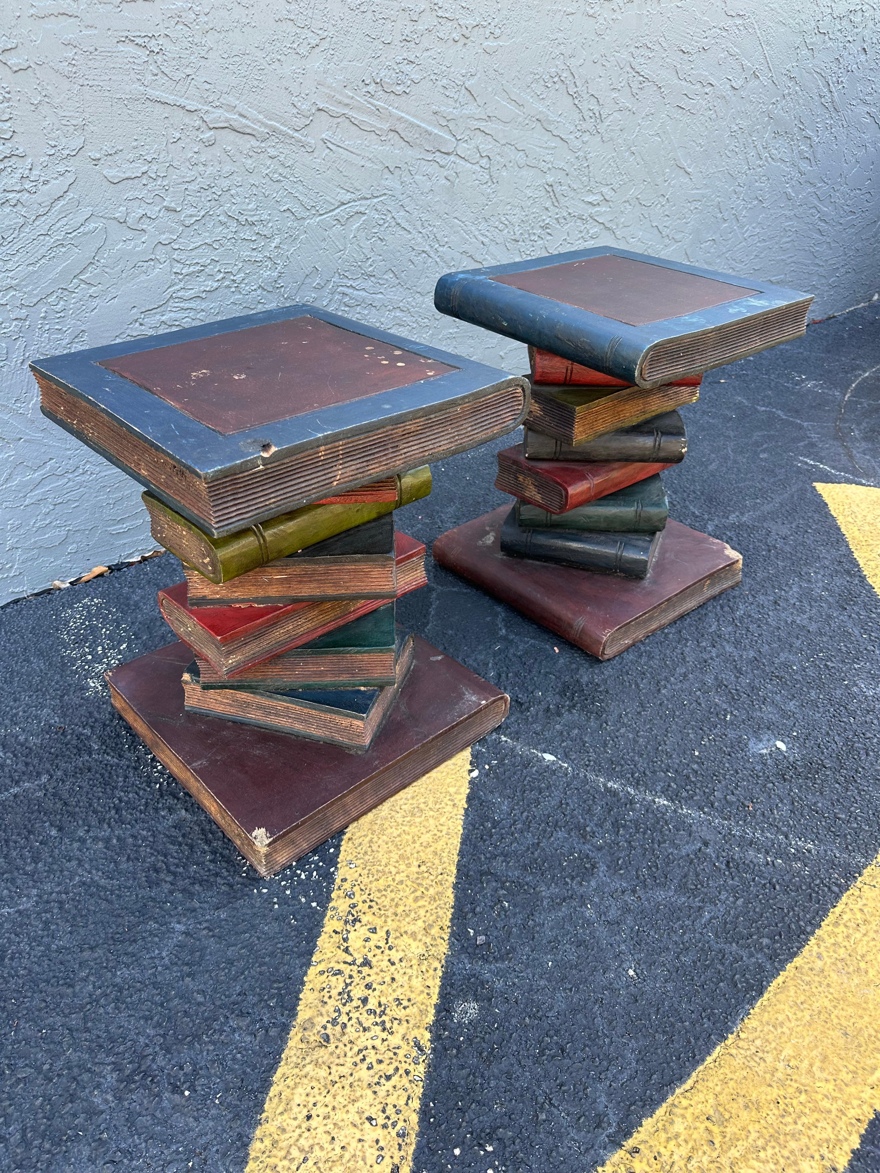 English 1930s Solid Wood Painted Faux Sculptural of Stacked Books End Tables, Set of 2 For Sale