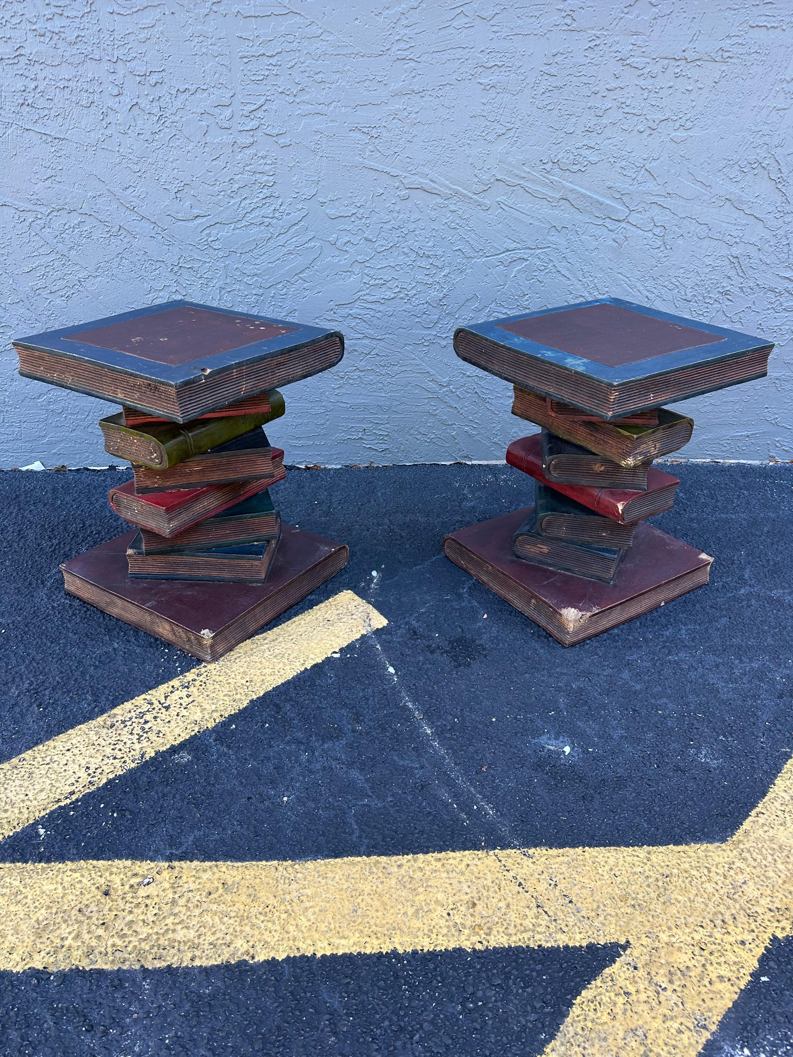 1930s Solid Wood Painted Faux Sculptural of Stacked Books End Tables, Set of 2 In Good Condition For Sale In Fort Lauderdale, FL