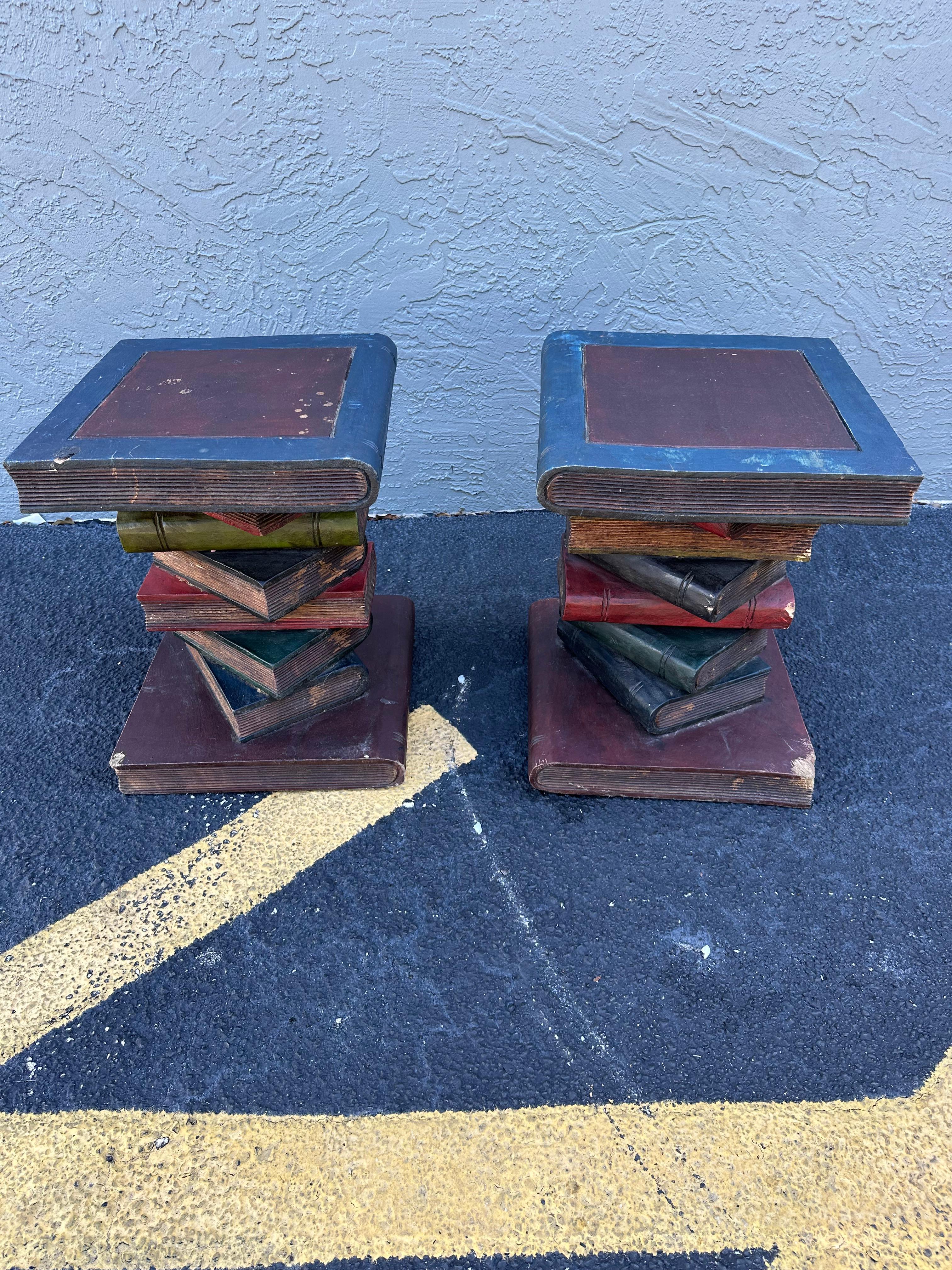 Mid-20th Century 1930s Solid Wood Painted Faux Sculptural of Stacked Books End Tables, Set of 2 For Sale
