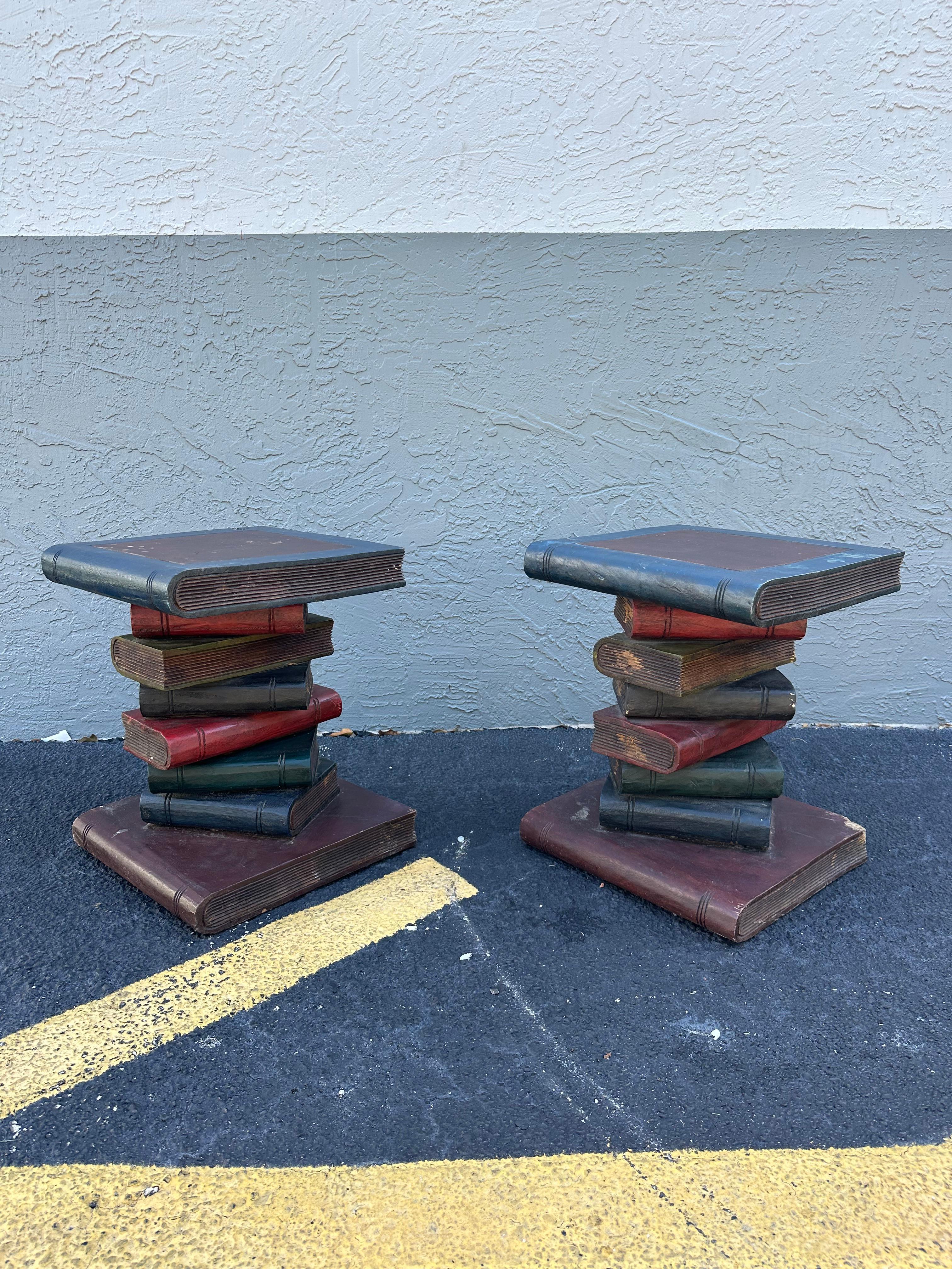 1930s Solid Wood Painted Faux Sculptural of Stacked Books End Tables, Set of 2 For Sale 1