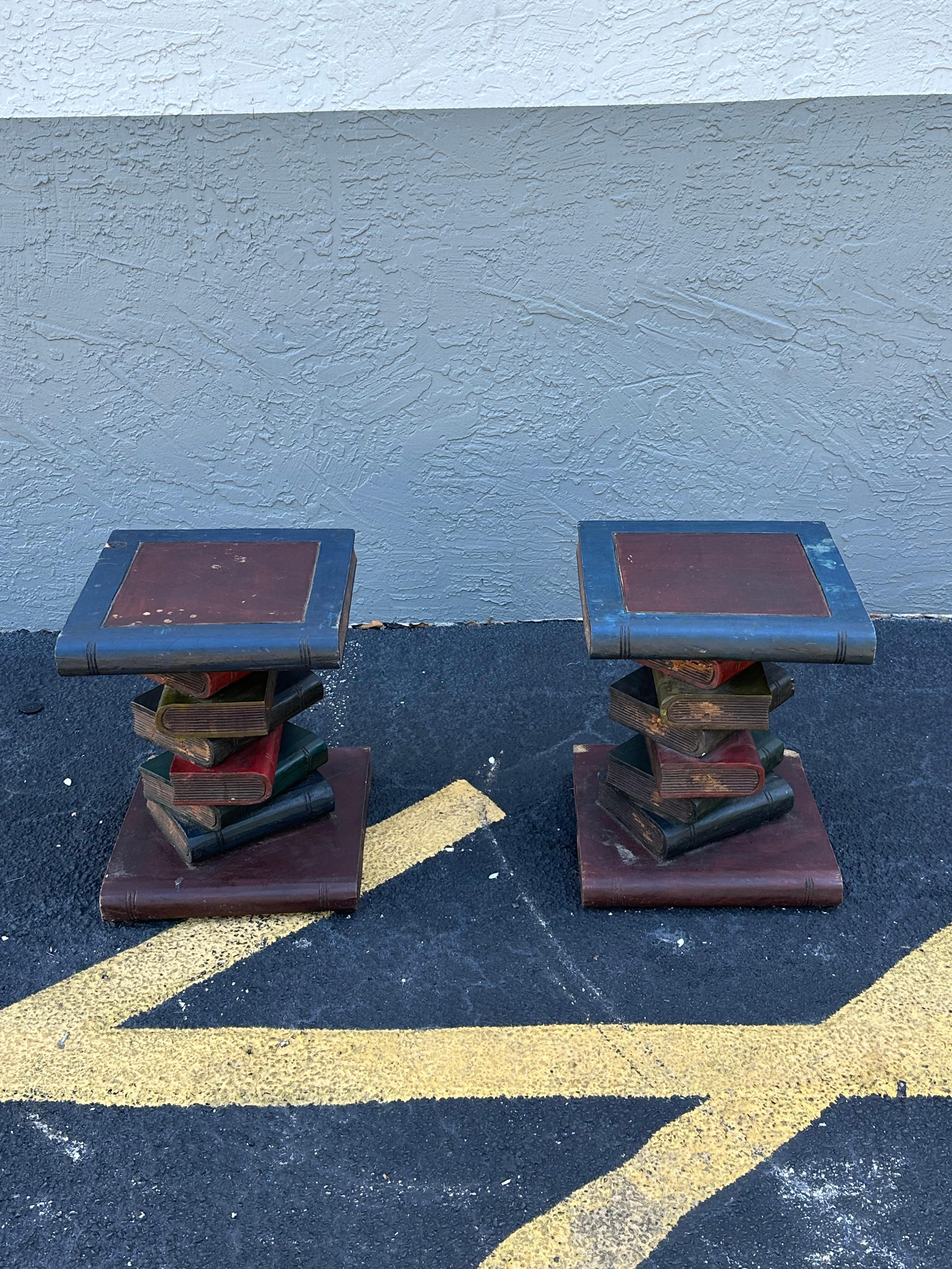 1930s Solid Wood Painted Faux Sculptural of Stacked Books End Tables, Set of 2 For Sale 2