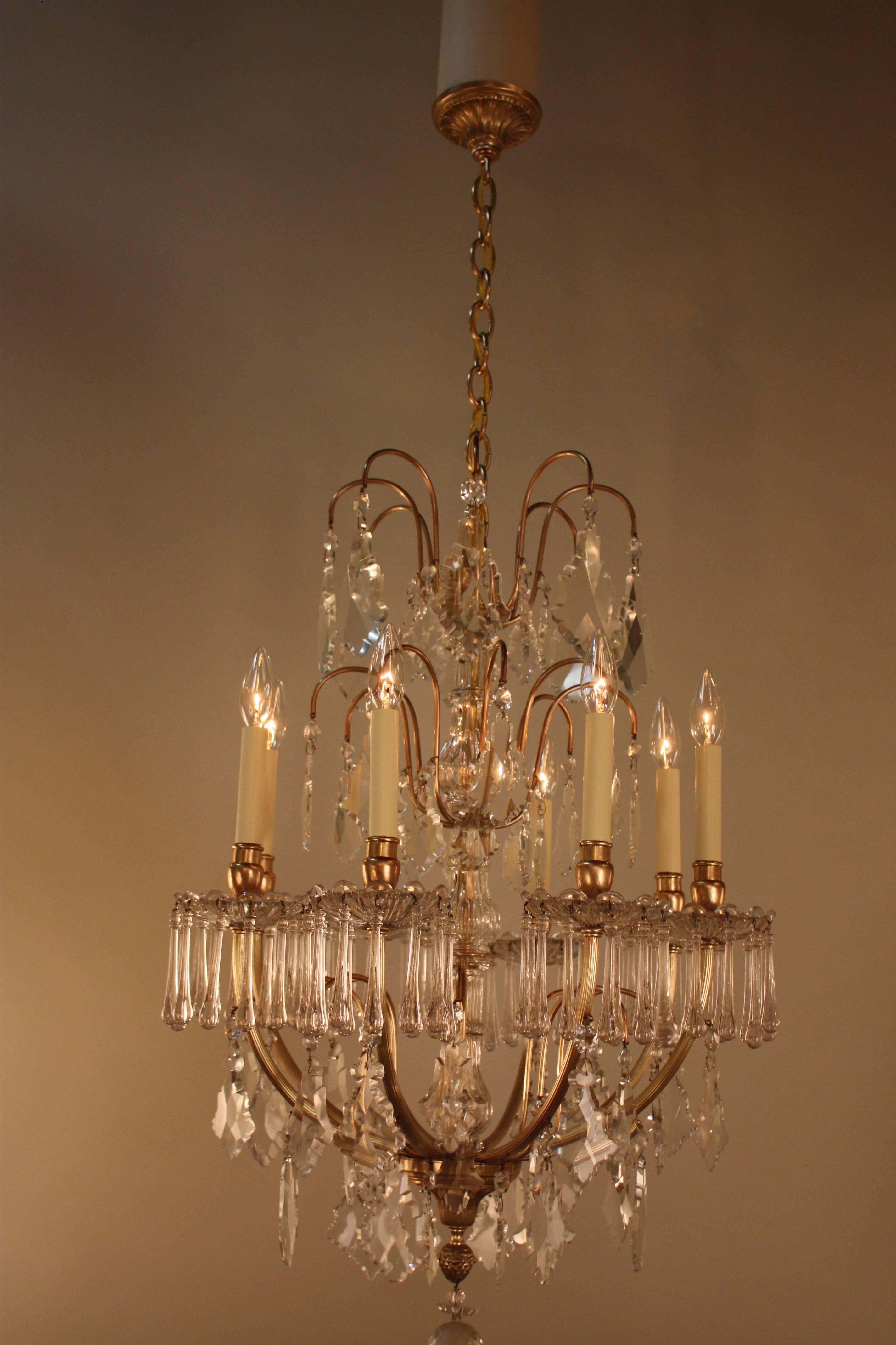 Spanish 1930s eight-light bronze and crystal chandelier.