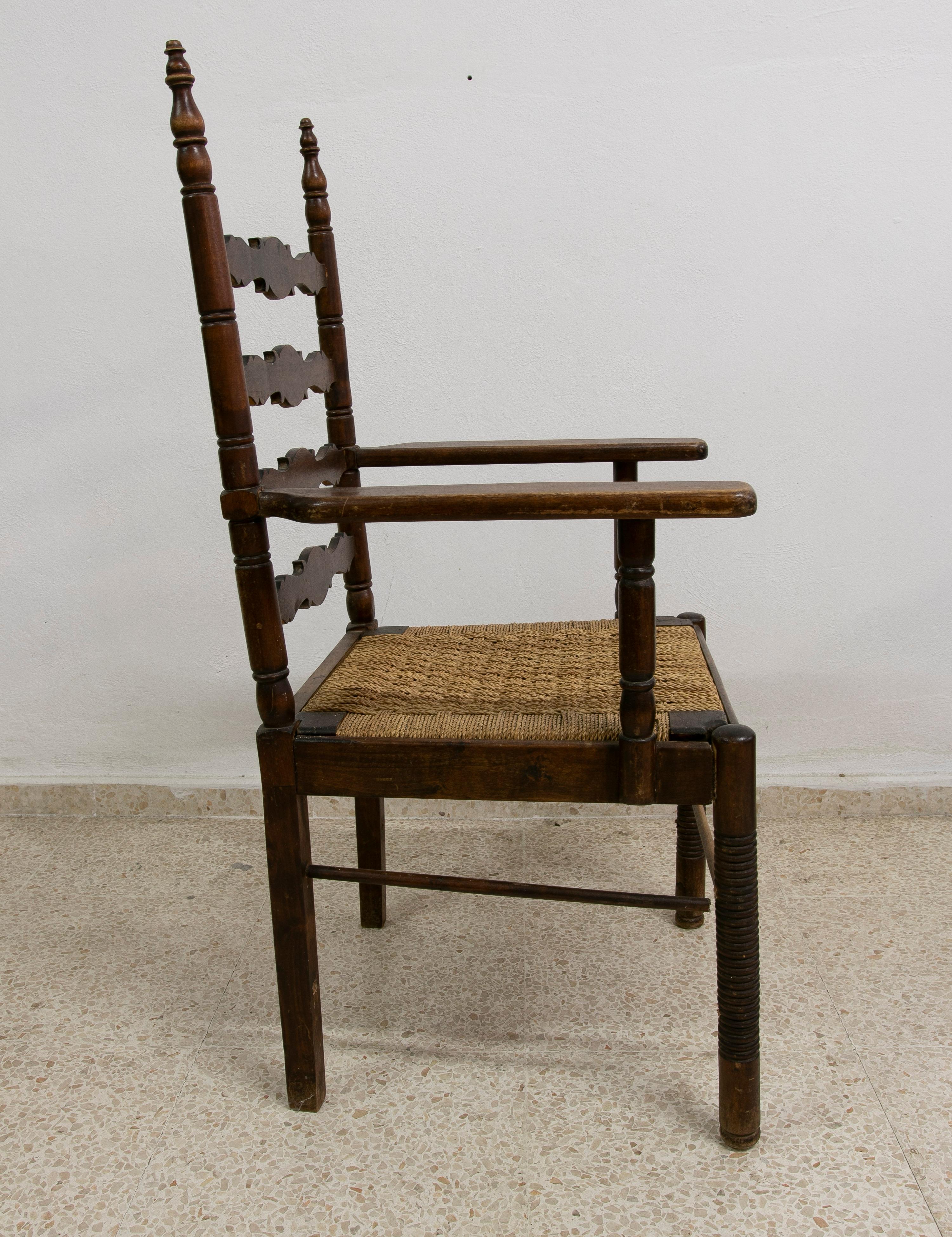 Wood 1930s Spanish Andalusian Flamenco Set of 8-Chairs & 2-Armchairs w/ Bulrush Seats For Sale