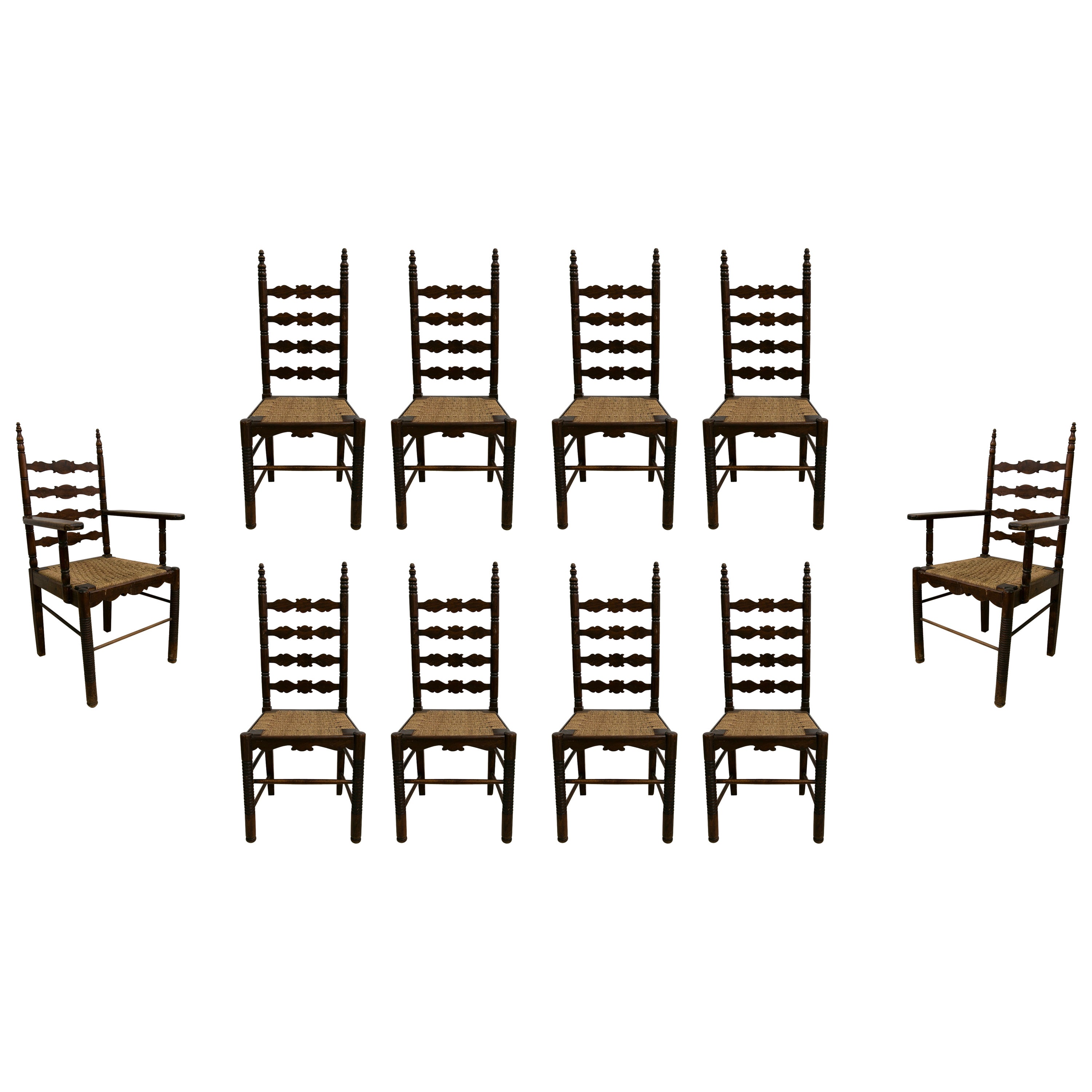 1930s Conjunto Flamenco Andaluz Español de 8 Sillas y 2 Sillones con Asientos de Enea en venta