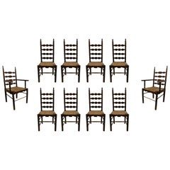1930s Spanish Andalusian Flamenco Set of 8-Chairs & 2-Armchairs w/ Bulrush Seats