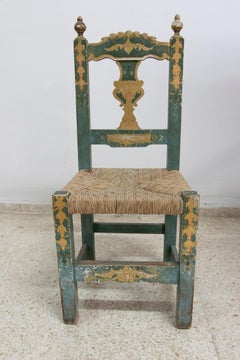 1930s Spanish Andalusian Painted Wooden Set of 3-Seater Bench 4 Chairs & Table